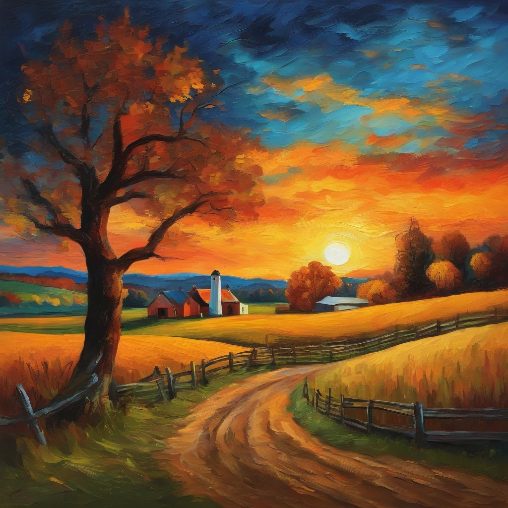 Landscape of a farm with animals at sunset with van Gogh brushstrokes