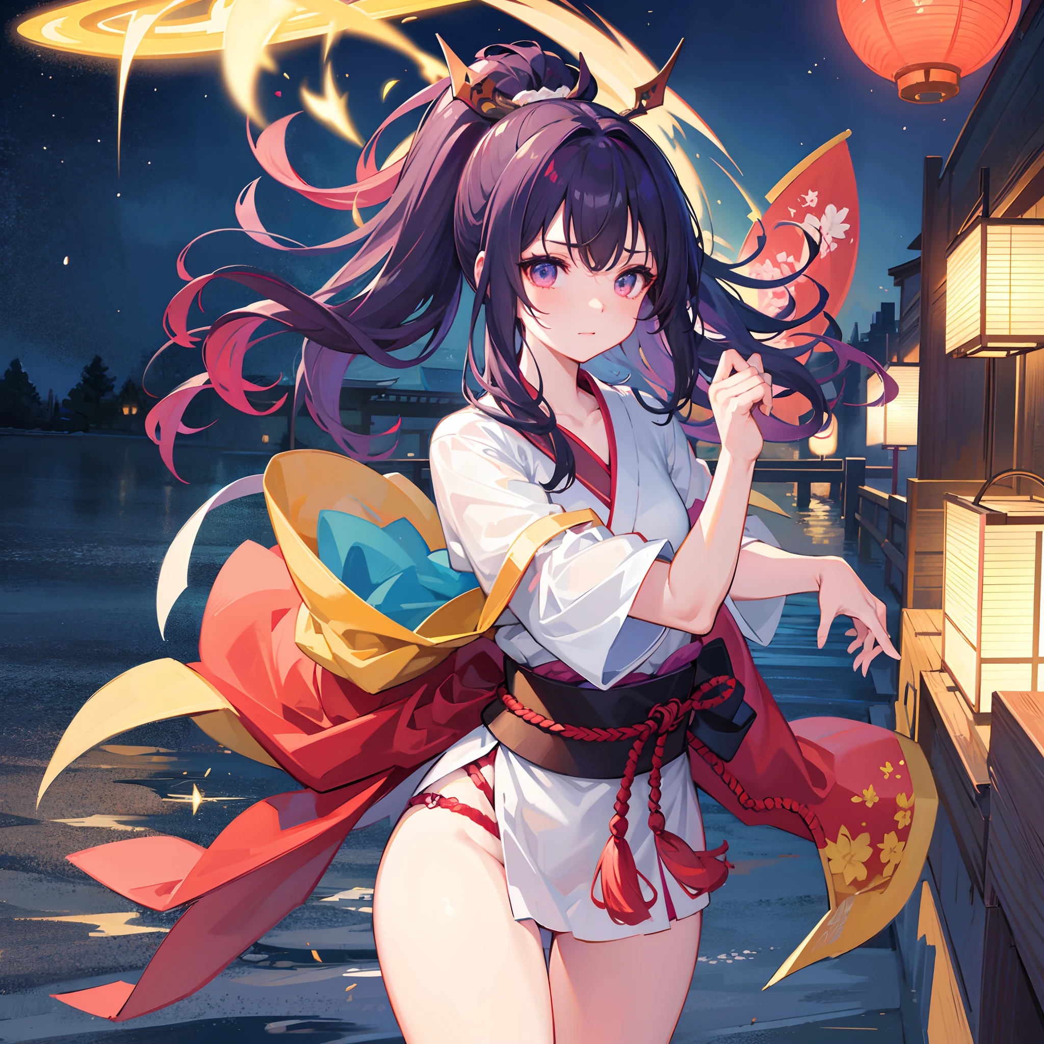 colourfull、Kimono、Fighting Girl Solo、Japanese Sword、cute little、sexypose、masuter piece、A detailed、night mode、Active、presence、dynamic ungle、