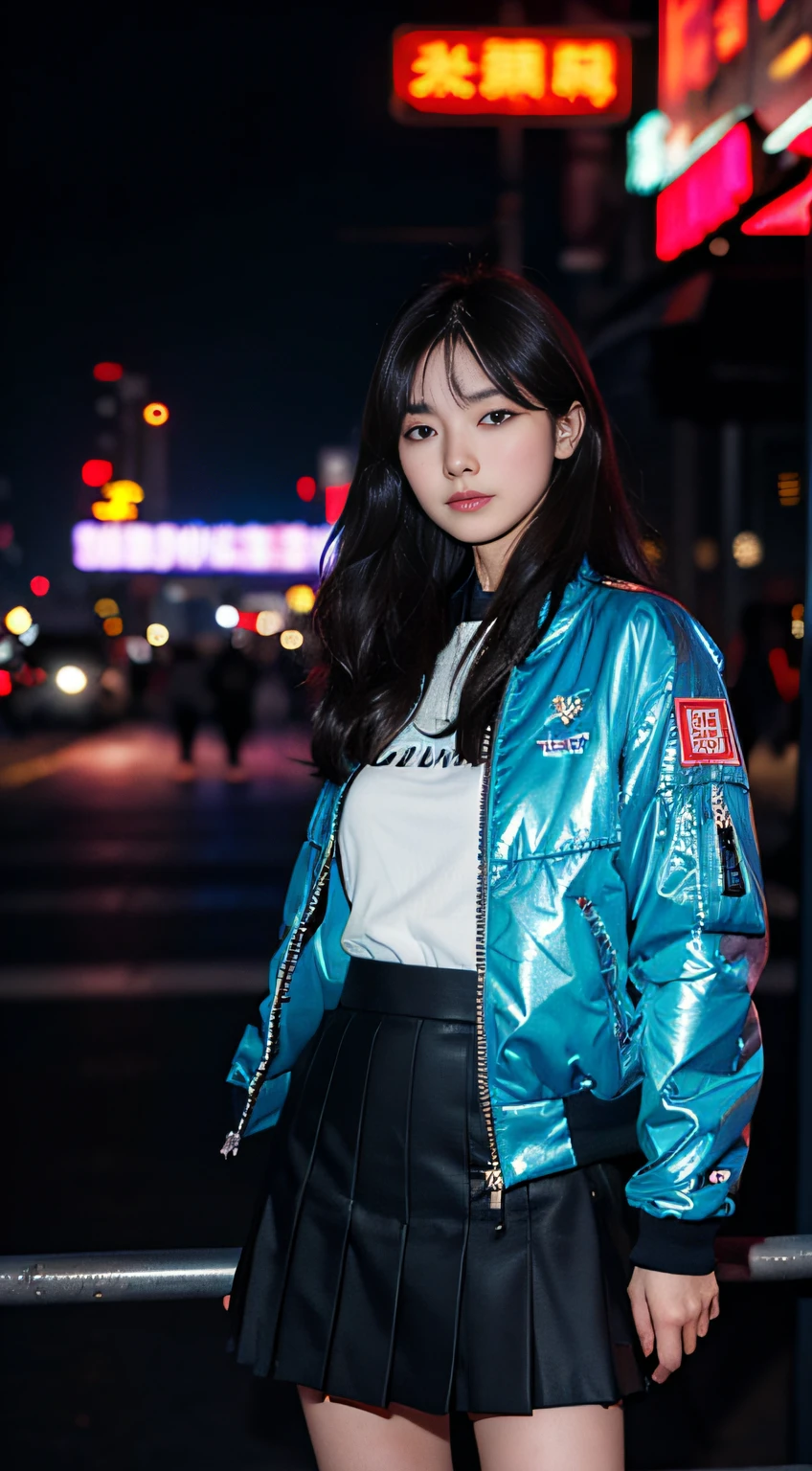 tmasterpiece, best qualtiy, 8k, Super detailed skin, perfect anatomia, 1girll, Skirts and jackets, (Xi'an Datang City that Never Sleeps:1.3), (depth of fields),(The lens glows) ,Sony 7, 35mm, f1.8, physically-based renderingt,