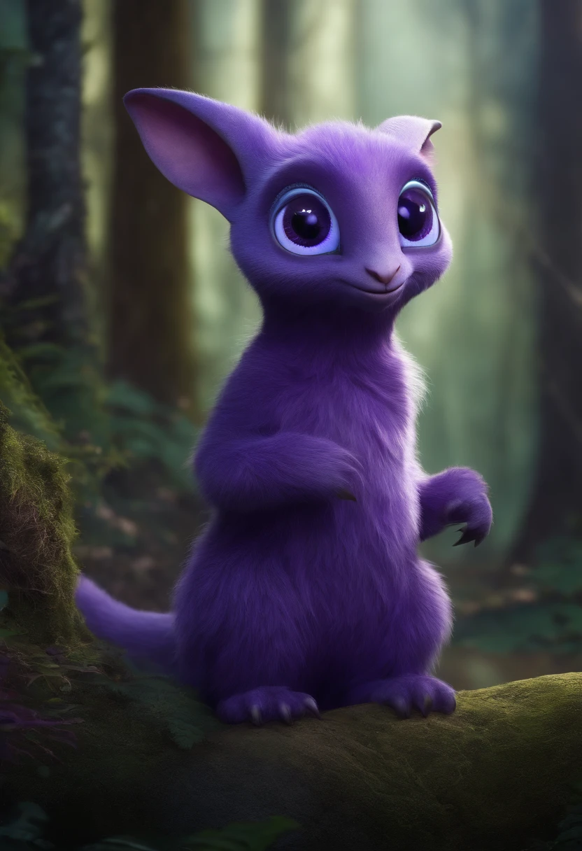 Purple unusual kind monster character for movie. Kind big blue eyes, Lop-eared ears. The background is a fabulous light forest