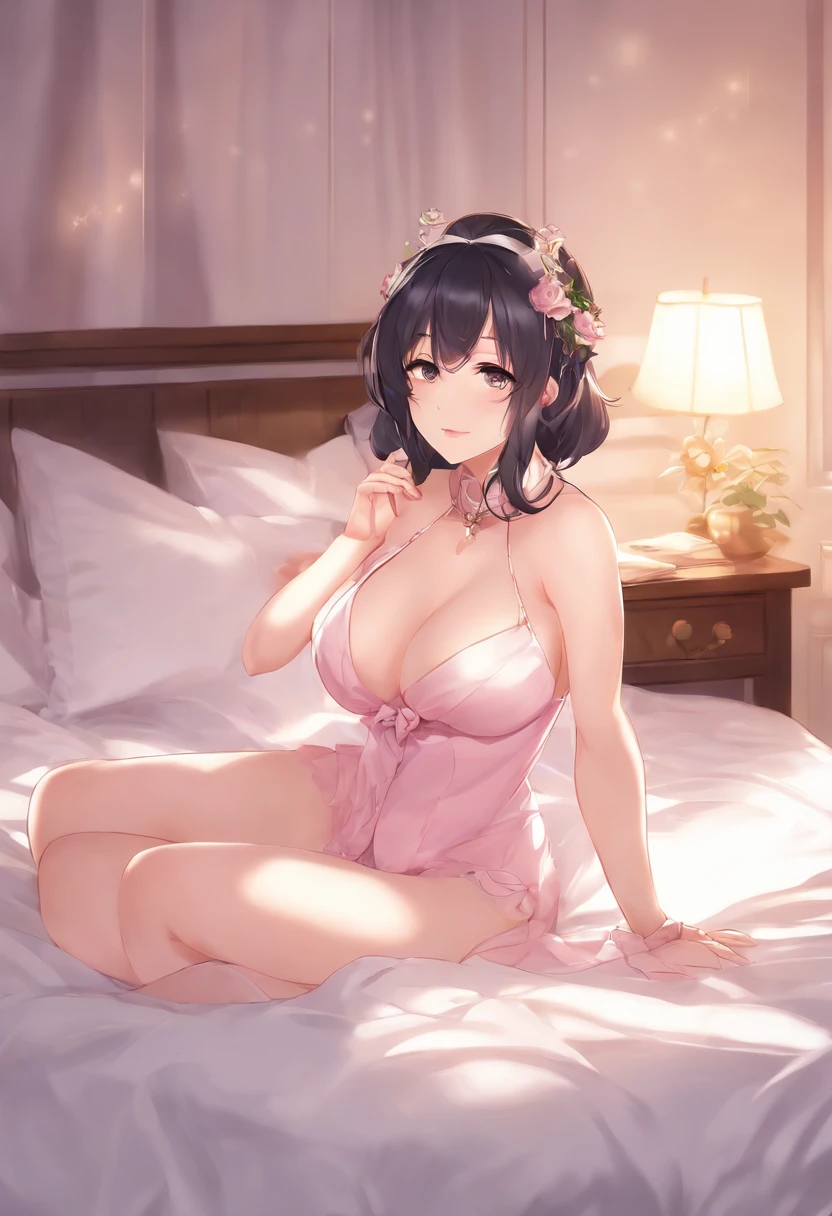 Anime girl in pink lingerie lying on bed with pillow, Seductive Anime Girl, hestia, azur lane style, mayuri shiina, makoto shinka, marin kitagawa fanart, Ecchi, black - haired mage, High resolution!!, attractive matoi ryuko, Smooth Anime CG Art, by Jin Homura, hana yata, 8K!!