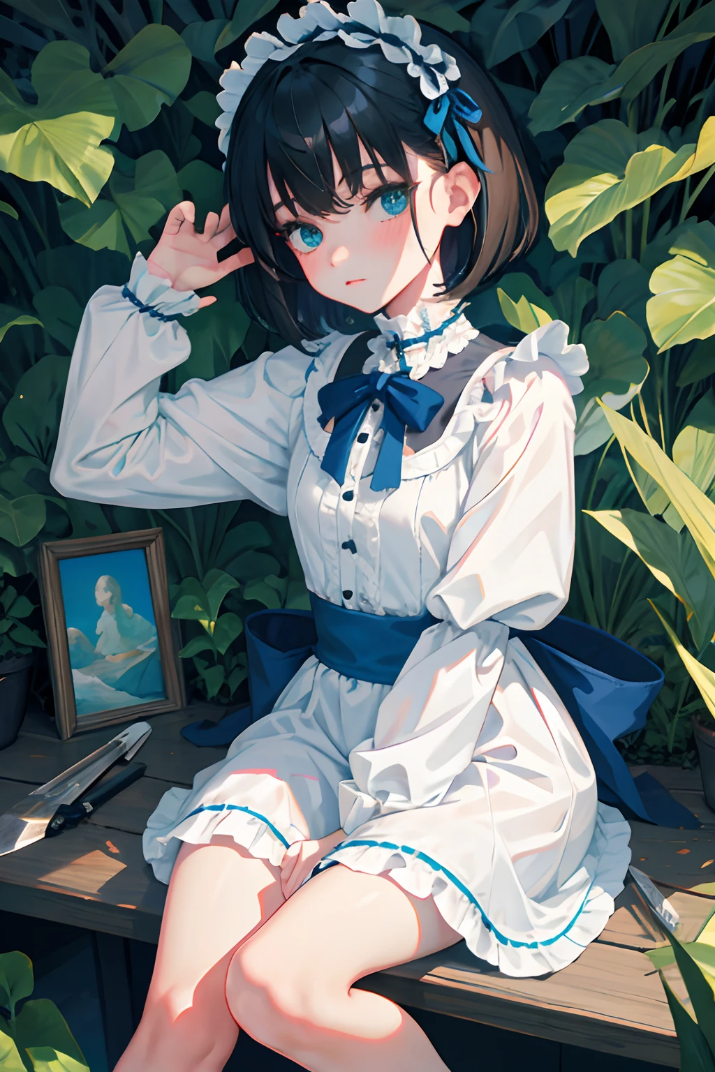 hand between legs,child,(masterpiece,Highest Quality),shortsleeves,Blue-green Gothic ta,Sleepy face,A dark-haired,Medium bob,utility knife