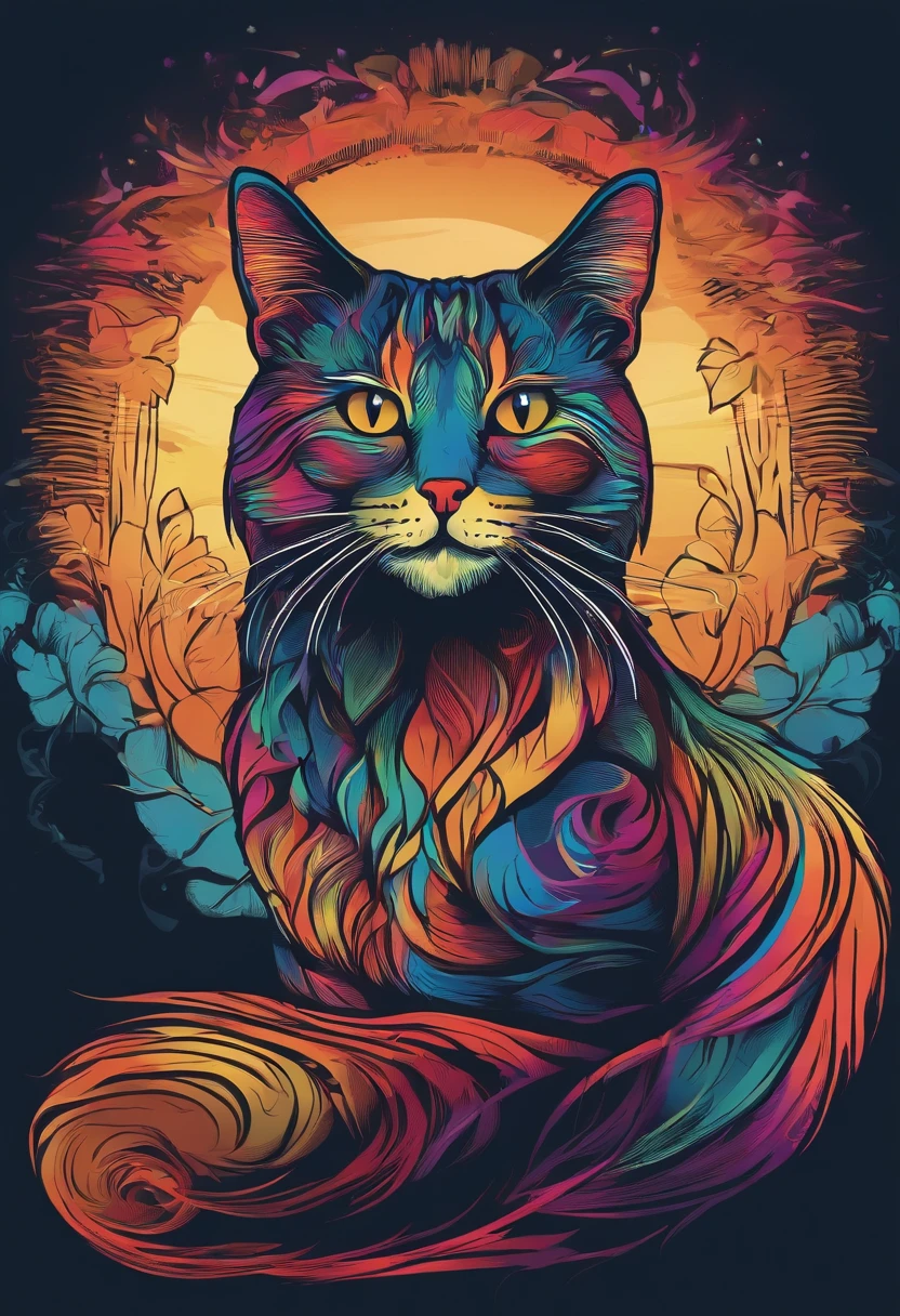 Colorful cat,line-drawing,(without background:1.5),T-shirt logo,Sticker Logo