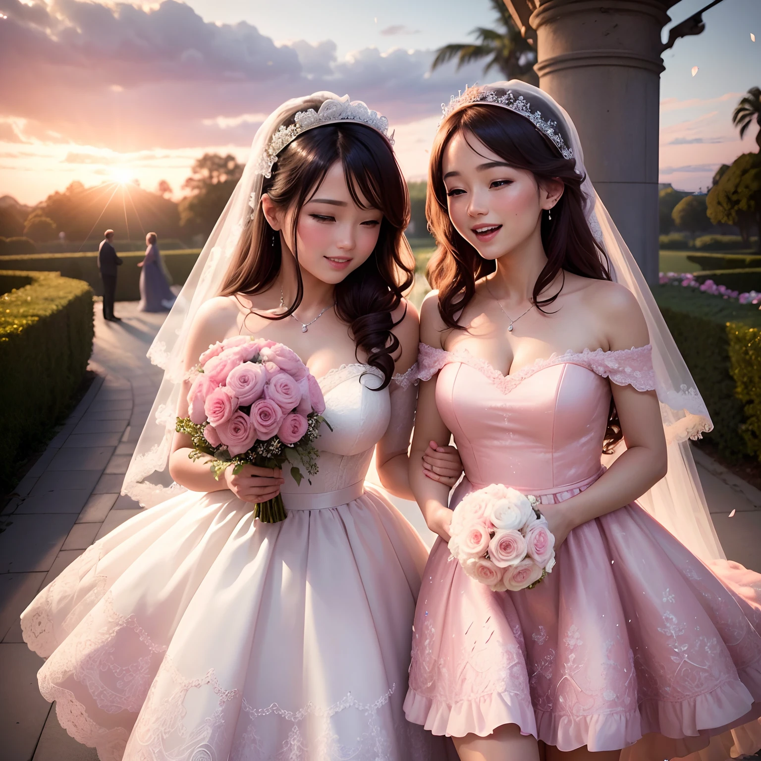 (best quality,4k,8k,highres,masterpiece:1.2),ultra-detailed,realistic,photorealistic:1.37,cartoon wedding,in a garden,with beautiful flowers,at sunset,pink background,soft lighting,lots of empty pink space,wedding couple,small characters,detailed bride and groom,smiling and happy expressions,holding hands,two bridesmaids in matching dresses,carrying bouquets,delicate lace wedding dress,flowing veil,pink and white color scheme,elegant decorations,romantic atmosphere,
celebration,confetti,dancing guests,cake cutting,toast with champagne,joy and love in the air,memorable moments,capturing the beauty of love and union.