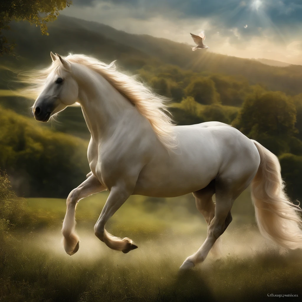 (best quality,realistic:1.37),Pegasus horse,beautiful detailed wings,fierce and majestic appearance,galloping on a grassy meadow,soft sunlight illuminating the scene,dreamlike and enchanting atmosphere,atmospheric chiaroscuro,a sense of freedom and power,vivid colors,impressive grace and elegance,masterpiece:1.2,surreal landscape,mythological creature,mystical vibes,fantastical beast,divine and celestial,grandiose and mythical presence,floating effortlessly in the sky,glowing mane and tail,ethereal and otherworldly,mythical symbolism,legendary and powerful,Flying horse,flawless anatomy,long and slim legs,strong and muscular body,graceful and fluid movements,exquisite muzzle and expressive eyes,delicate features and intricate details