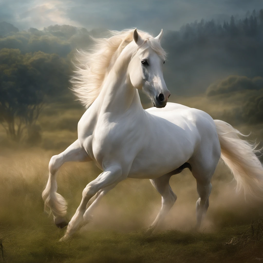 (best quality,realistic:1.37),Pegasus horse,beautiful detailed wings,fierce and majestic appearance,galloping on a grassy meadow,soft sunlight illuminating the scene,dreamlike and enchanting atmosphere,atmospheric chiaroscuro,a sense of freedom and power,vivid colors,impressive grace and elegance,masterpiece:1.2,surreal landscape,mythological creature,mystical vibes,fantastical beast,divine and celestial,grandiose and mythical presence,floating effortlessly in the sky,glowing mane and tail,ethereal and otherworldly,mythical symbolism,legendary and powerful,Flying horse,flawless anatomy,long and slim legs,strong and muscular body,graceful and fluid movements,exquisite muzzle and expressive eyes,delicate features and intricate details