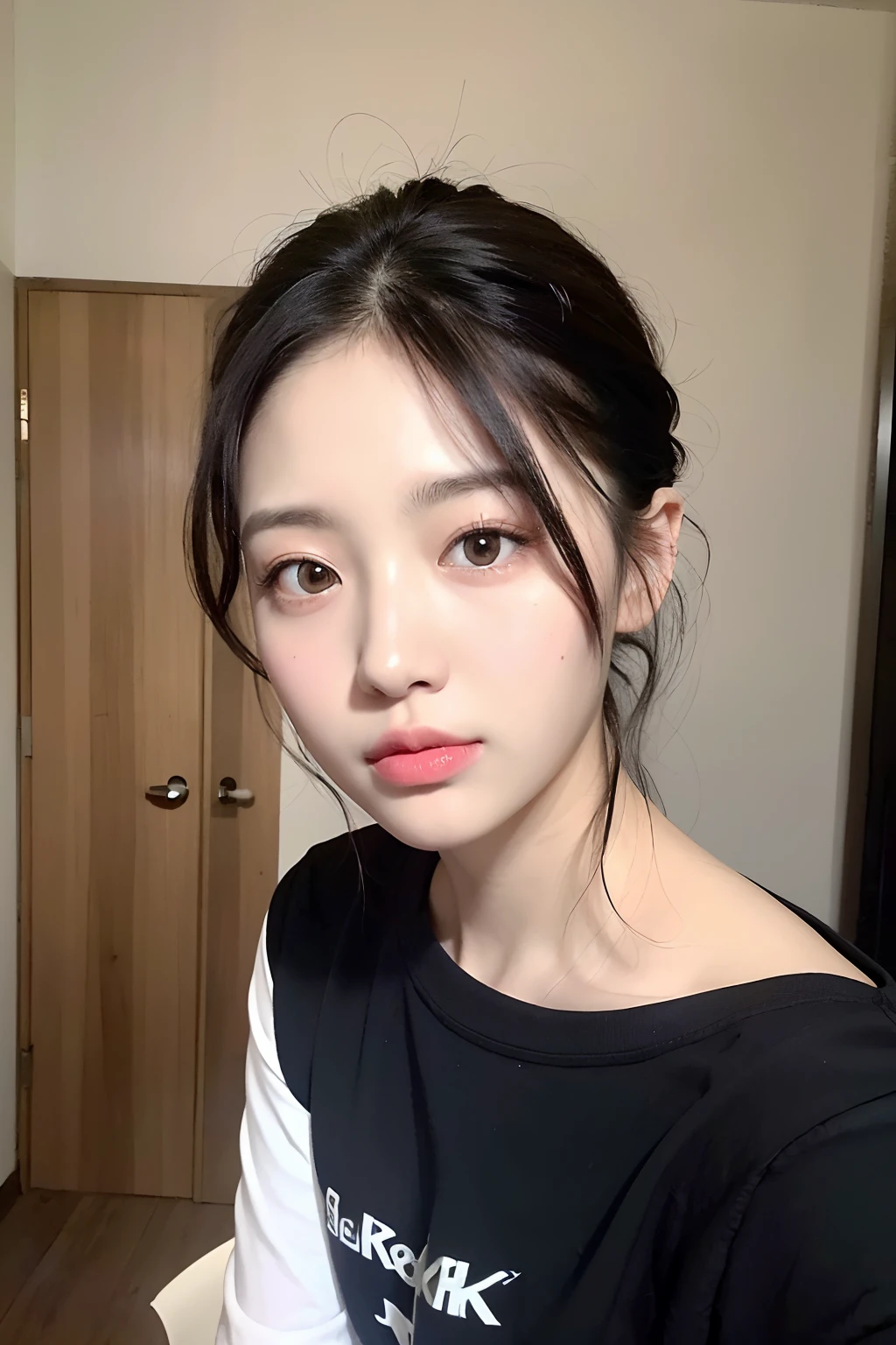 ((Best quality, 8k, Masterpiece :1.3)), full body, 1 adorable girl, youthful, delightful cute face, black hair, hair tied, random boyish outfit, aesthetic selfie, ultra-detailed face, extremely perfection, detailed eyes, double eyelid, big doe-eyed, straight nose, long eyelashes, aesthetic pose, (random aesthetic background)