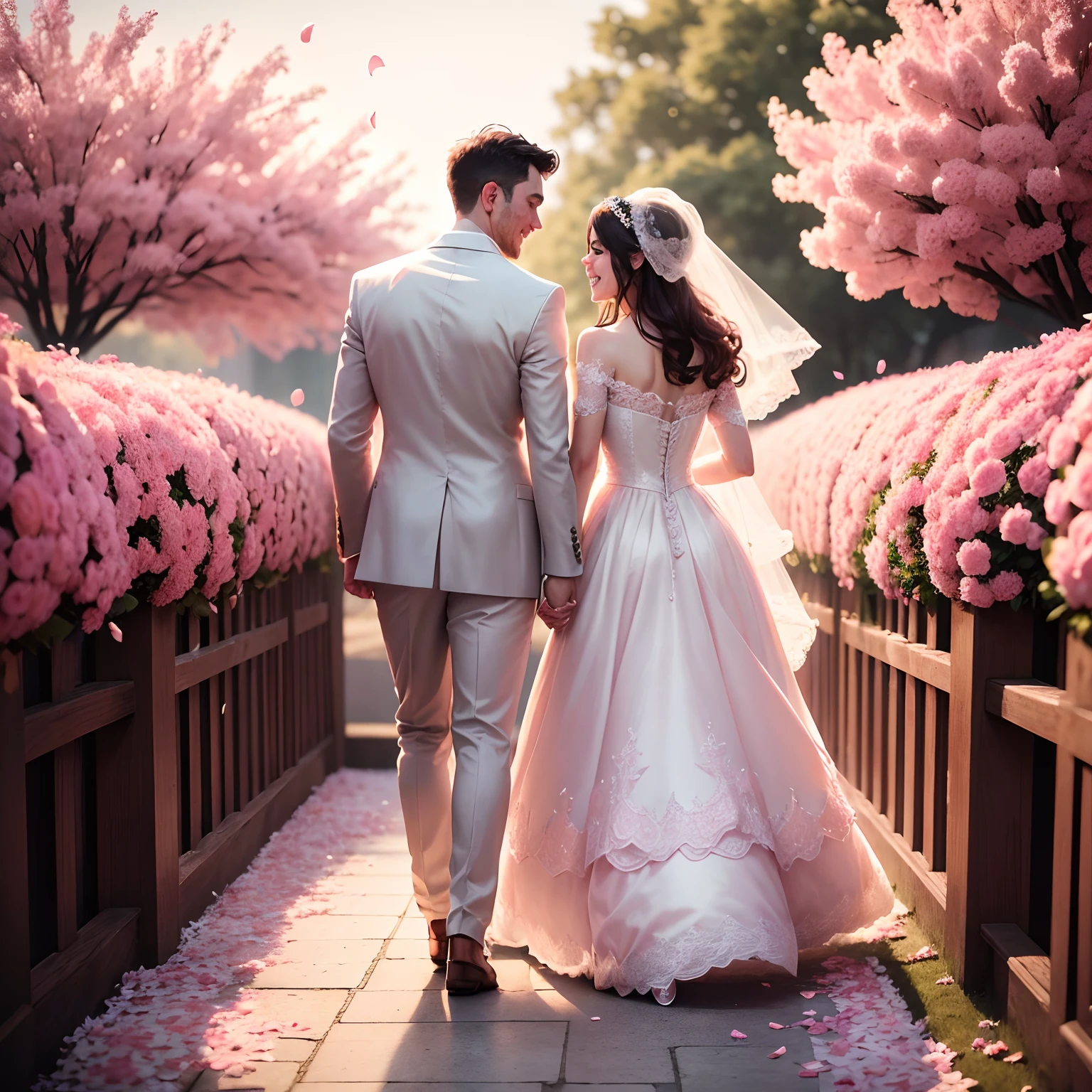 (best quality,4k,8k,highres,masterpiece:1.2),ultra-detailed,realistic,photorealistic:1.37,cartoon wedding,in a garden,with beautiful flowers,at sunset,pink background,soft lighting,lots of empty pink space,wedding couple,small characters,detailed bride and groom,smiling and happy expressions,holding hands,two bridesmaids in matching dresses,carrying bouquets,delicate lace wedding dress,flowing veil,pink and white color scheme,elegant decorations,romantic atmosphere,
celebration,confetti,dancing guests,cake cutting,toast with champagne,joy and love in the air,memorable moments,capturing the beauty of love and union.