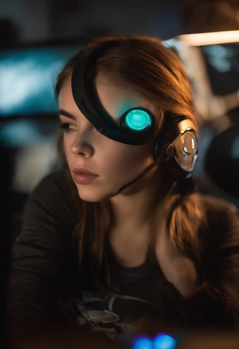 Genera una imagen de una joven realista vestida con un atuendo de gamer. The girl should look as realistic as possible, with natural facial features and authentic expressions. Gamer attire should include a t-shirt with a popular video game design with cleavage, Comfortable pants, zapatillas deportivas y accesorios como auriculares y un controlador de videojuegos. Make sure the lighting is adequate to bring out the details of the image, y que el fondo sea un entorno relacionado con los videojuegos, like a room with game posters. The girl's pose should be relaxed and authentic, como si estuviera disfrutando de su tiempo de juego