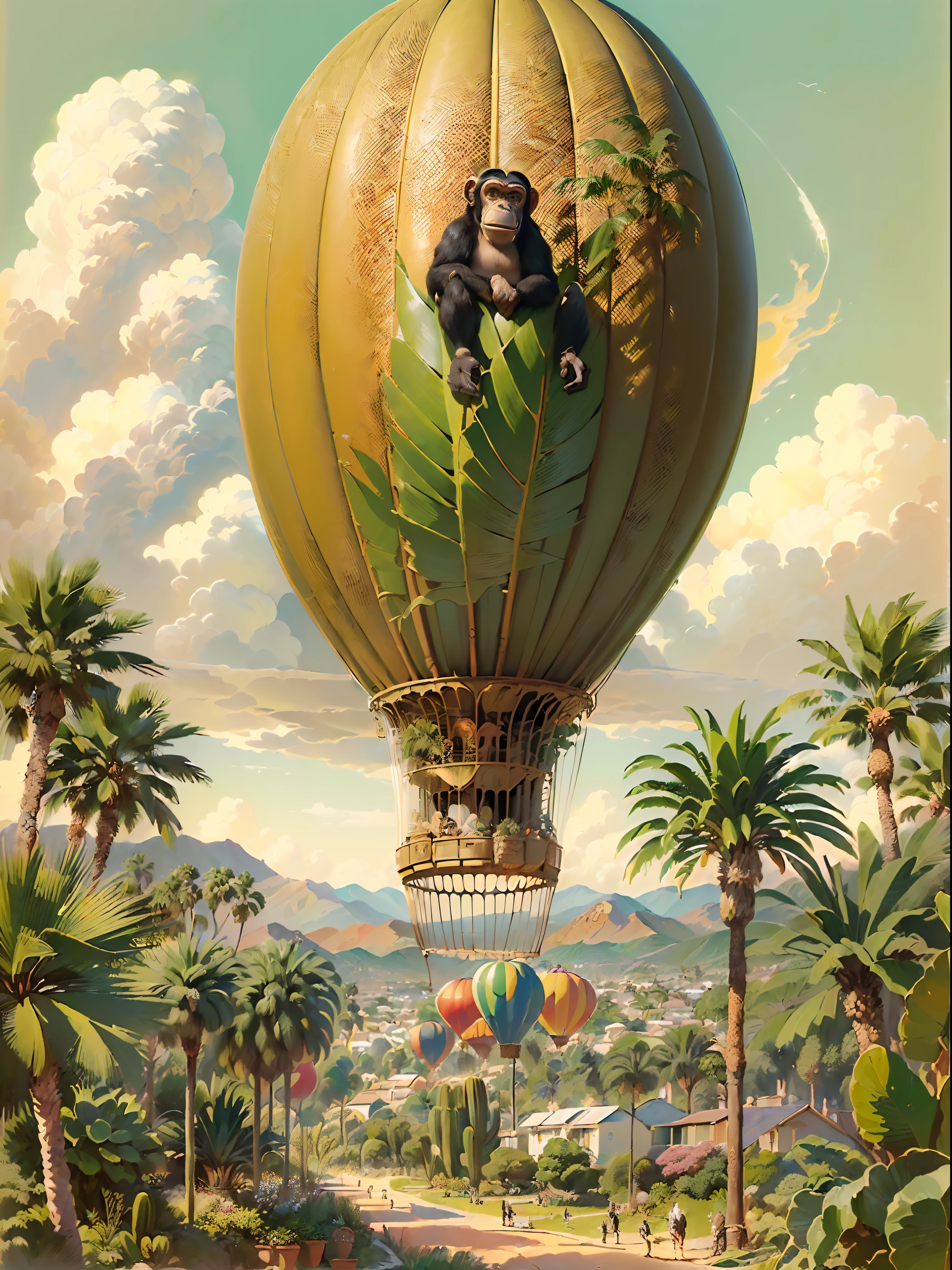 (((melhor qualidade)),, An illustration with a banana-shaped blimp flying over phoenix canariensis palm trees (((blimp with chimpanzee head)),,,(((muitas palmeiras phoenix canariensis))) ,,, Hot steam balloons, Sky with fluffy clouds,, sharp foccus ilustration, hiper-realismo, finely detailed illustration, inspirado em Charles W. Bartlett, scientific illustration, campo de profundidade, cauda de fluxo longo, full-colour illustration, Adepto de Silvergill, gravura em litografia colorida, por Charles W. Bartlett, a hyper-realistic illustration of, jules julien, Tiago Collinson, por Tim Hildebrandt