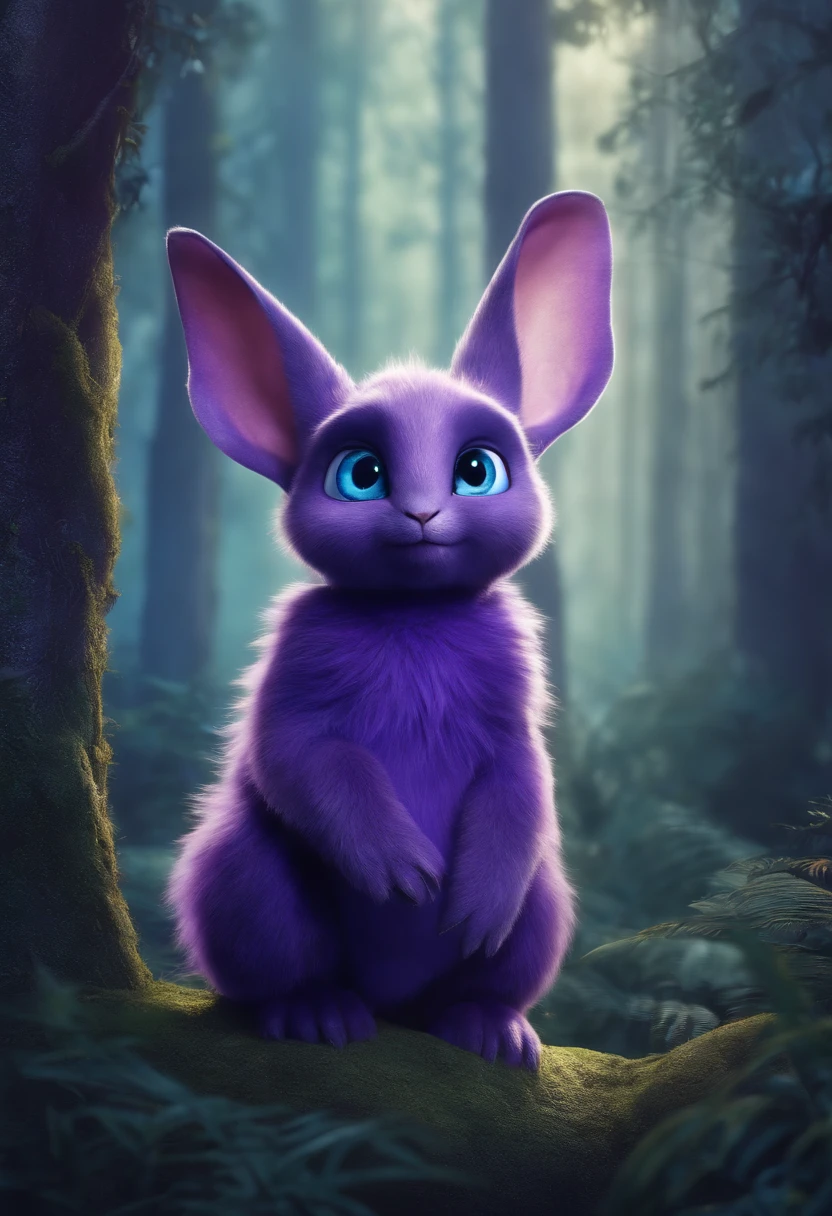Purple unusual kind, Big Monster Movie Character. Kind big blue eyes, Lop-eared ears. The background is a fabulous light forest