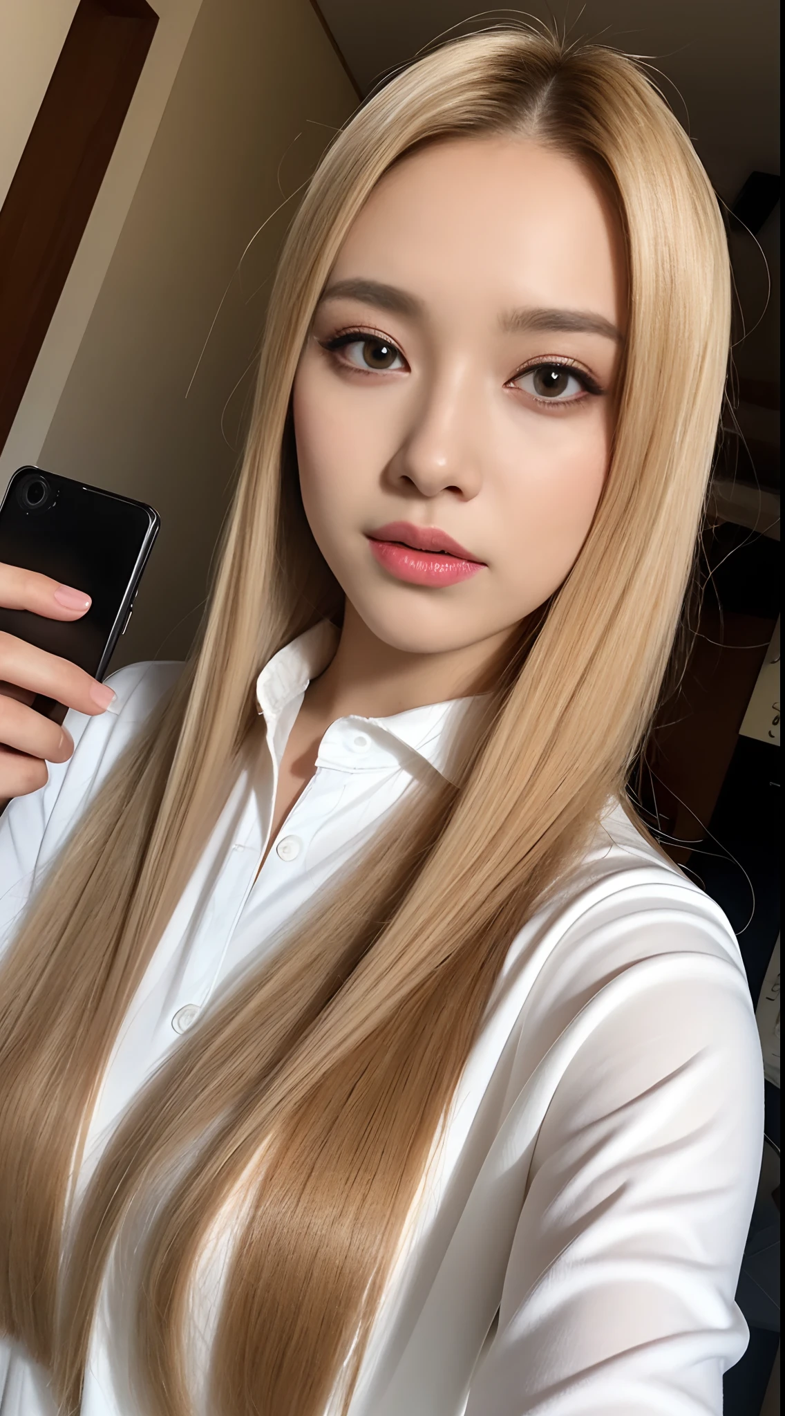 ((Day, Best Quality, 8K, Realistic)), Full Body: 1.4, Slender Abs: 1.2, ((Long ash-blonde hairstyle: 1.2, Medium Breasts: 1.2)), (Tight white shirts, Tight leggings, Walking: 1.3, Colored sunglasses), (Indoor, Hair salon, Realistic salon background, Day lights, Bright sunlights), Highly detailed face and skin texture, detailed eyes, double eyelids, swag, badass, face looking at the camera, half body camera view, top angle selfie camera view, (Holding the selfie camera: 1.2, Selfie: 1.1), solo shots, self camera, 1 person
