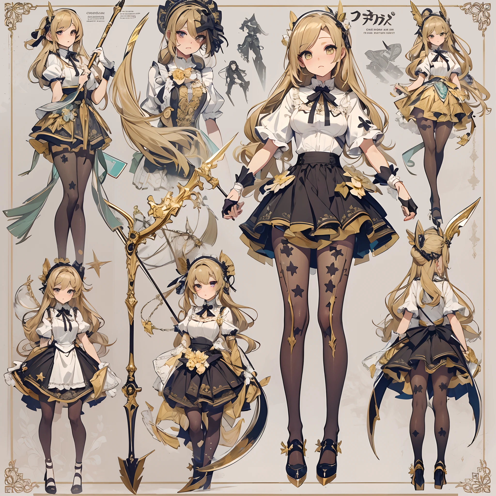 ((Masterpiece, Highest quality)), Detailed face, CharacterDesignSheet， full bodyesbian, Full of details, Multiple poses and expressions, Highly detailed, Depth, Many parts，Beautiful Maid，holding a scythe，shinigami，golden colored，double-ponytail，estilo fantasia，Extremely beautiful，High Balance, Natural light, Lace，lacepantyhose，Sunny décor，Star decoration