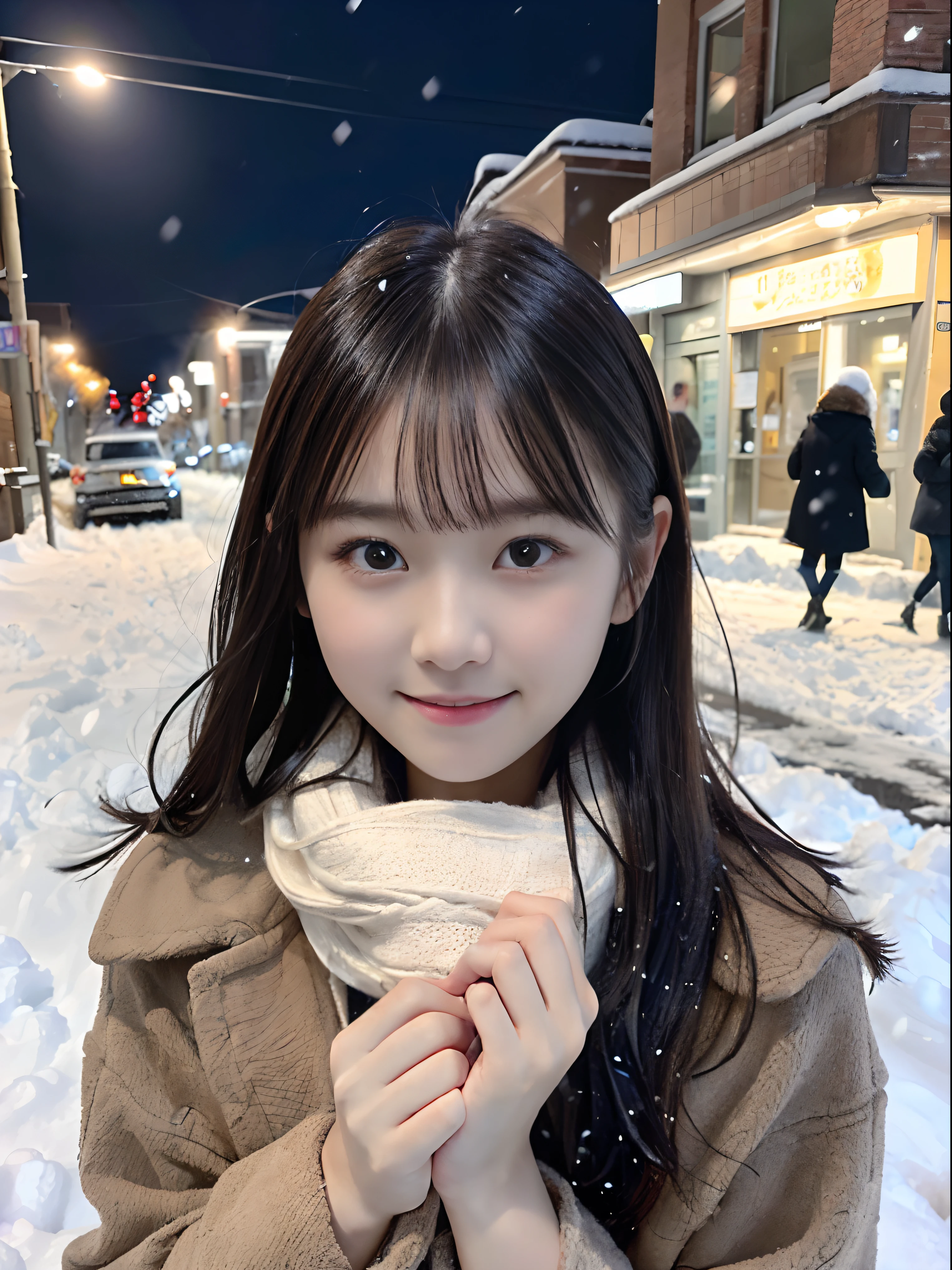 (Close-up portrait of one slender girl has long hair with dull bangs in winter uniform with scarf, coat and groves:1.5)、(One girl open her arms with small smile and her hair flutter in the wind :1.5)、(Snowing winter night street corner with Christmas lights:1.5)、(Big full moon:1.3)、(Perfect Anatomy:1.3)、(No mask:1.3)、(complete fingers:1.3)、Photorealistic、Photography、masutepiece、top-quality、High resolution, delicate and pretty、face perfect、Beautiful detailed eyes、Fair skin、Real Human Skin、pores、((thin legs))、(Dark hair)