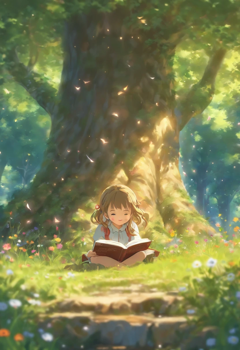 Five year old girl reading under a tree,Strom, steins, wilde Blumen.