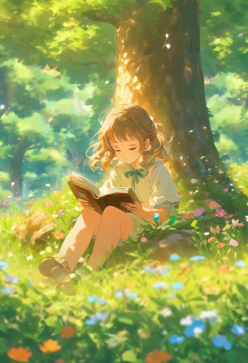 -year girlading under a tree,Stream, steins, wild flowers , forest.