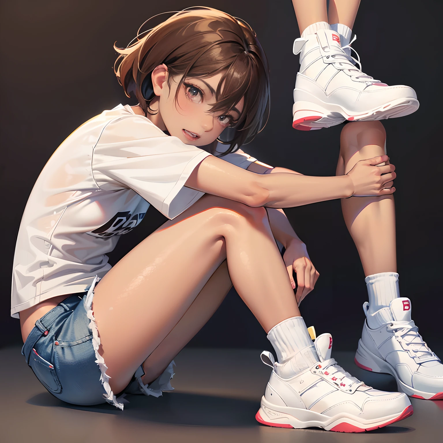 female with slight tanned skin,  short scruffy dark brown hair, bright burgandy brown eyes, perfect body, beautiful, soft hands, smooth skin, perfect teeth. Wearing a blue baseball jersey with a white t-shirt underneath, short jean shorts, long white socks and white shoes. Close up, portrait, sitting, plain white background.