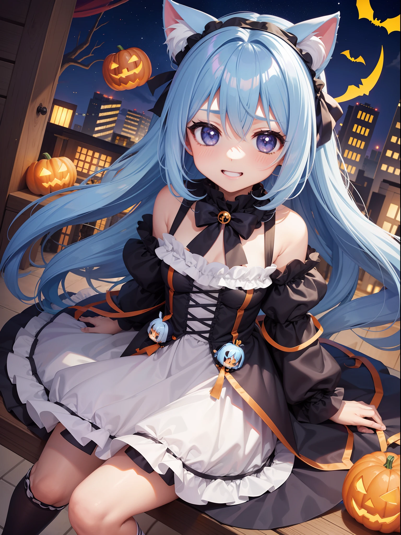 Halloween　Chibichara　Halloween scenery in the city　long hair with blue hair((Chibi Chara))、Twin-tailed、A charming smile、Fluffy、girl with、Chibi Chara、full body Esbian、masutepiece、top-quality、