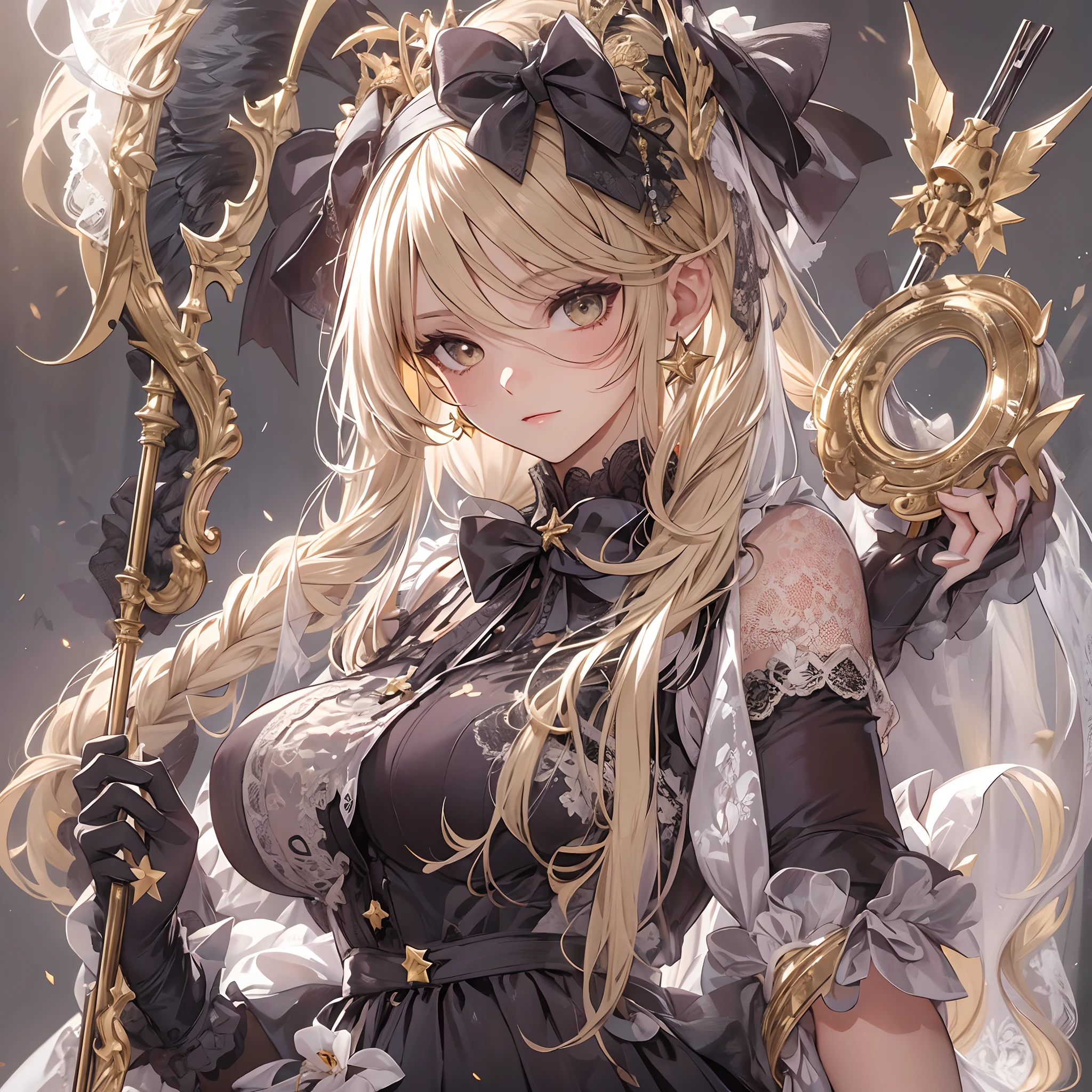 ((Masterpiece, Highest quality)), Detailed face, CharacterDesignSheet, full bodyesbian, Full of details, Multiple poses and expressions, Highly detailed, Depth, Many parts,Beautiful Maid,holding a scythe,shinigami,golden colored,double-ponytail,estilo fantasia,Extremely beautiful,High Balance, Natural light, Lace,lacepantyhose,Sunny décor,Star decoration