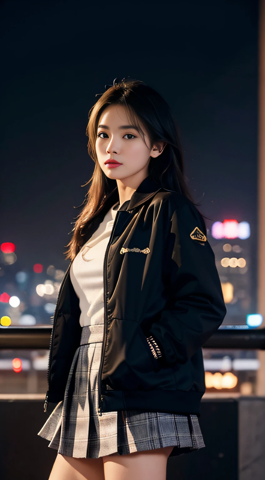tmasterpiece， best qualtiy， 8k， Super detailed skin， perfect anatomia， 1girll， Skirts and jackets， （Xi'an Datang City that Never Sleeps：1.3）， （depth of fields），（The lens glows） ，Sony 7， 35mm， f1.8， physically-based renderingt，