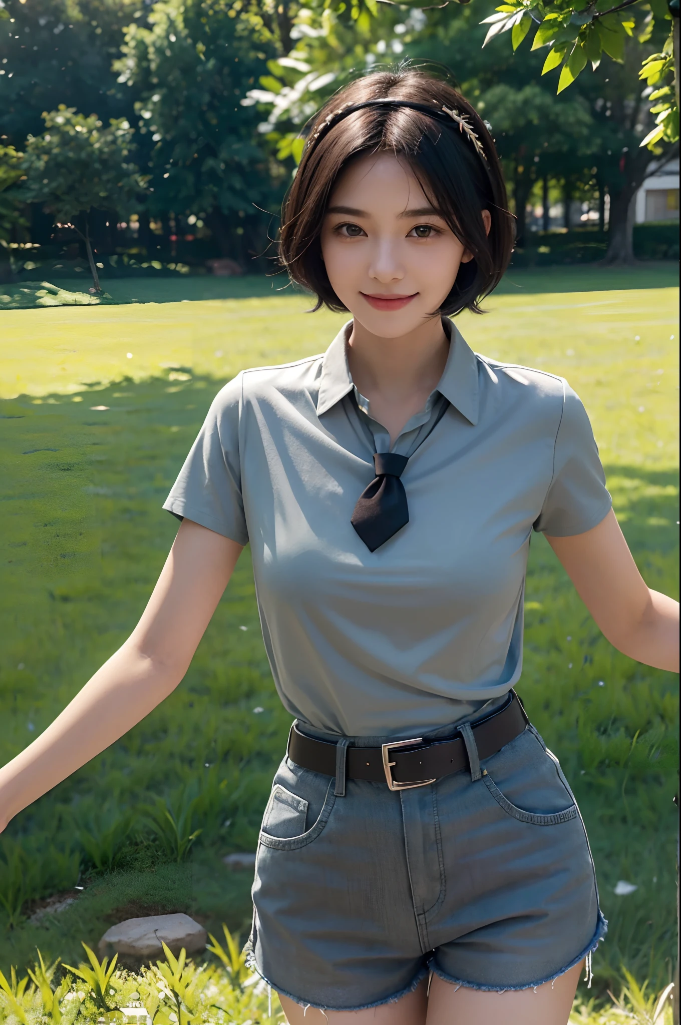 masterpiece, bestquality, high-res, Quiet 1, 1 girl, Quiet 1, 1 girl, serene (pokemon), bara, grey eyes, Black Hair, Green shorts, Red Tiara, shirt, Shirt tie,, Short Hair Hair, short sleeves, short pants, streaks, yellow shirt, belt, Middle-class photography, grass, field, smile, stand,