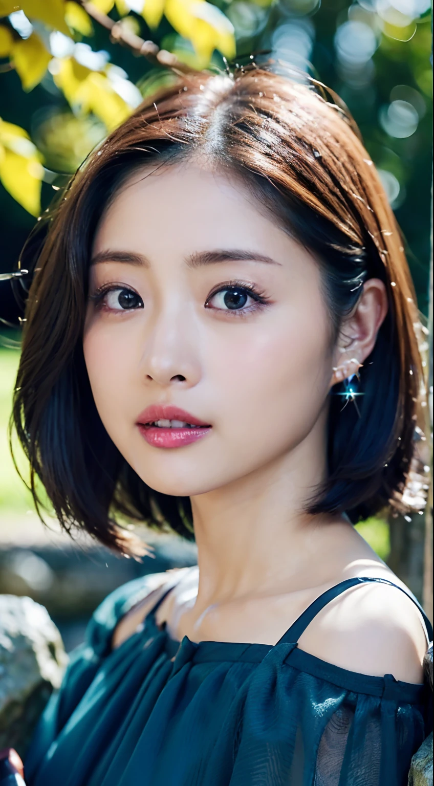(((Satomi Ishihara's off-shot)))、(8K、Raw photography、top-quality、masuter piece:1.2)、ultra-detailliert、ultra res、(realisitic、rialistic photo:1.37)、portlate、high-definition RAW color photography、Professional Photography、highly detailed and beautiful、ighly detailed、8K Picture Wallpaper、amazing detailed、huge filesize、Official art、Highly detailed CG Unity 8K wallpapers、highly detailed beautiful girl、extra detailed face、extremely detailed eye、highlydetailed skin、extremely detailed fingers、highly detailed nose、very detailed detailed mouth、Perfect Anatomy、细致背景、Detailed clothing、女の子1人、(20:1.2)、Cute little girl s、(Satomi Ishihara)、Realistic body、小柄、(de pele branca)、glistning skin、Glamour body、A dark-haired、a short bob、(bluntbangs: 1.2)、kawaii faces、Realistic face、Delicate eyes、Sauce order、((FULL BODYSHOT))、((Wearing an off-the-shoulder black dress))、((Full body Esbian pulling shot))、(Wearing a necklace)、((Frontal shot))、Look at viewers、Contrapo、动态照明、((H Cup Bust:1.1))、Beautiful legs、Emphasize cleavage、 (Satomi Ishihara's panchira)、In the mountains with beautiful autumn leaves、autumnal、(((Big lips that sparkle)))
