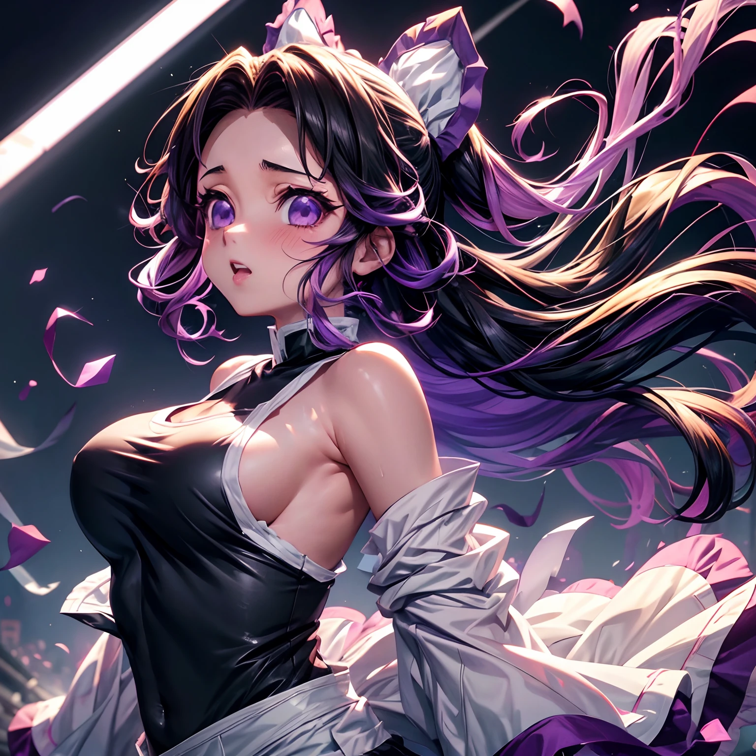 Shinobu kocho from demon slayer in 8k, high definition anime image, ultra detailed, cute, very cute, blushing, in black sleevless top, medium breast, masterpiece , 8k, sleeveless top, torn clothes, without cape, black top, sleeveless torn,ultra high quality, purple lights, purple highlight on hair, light purple eyes