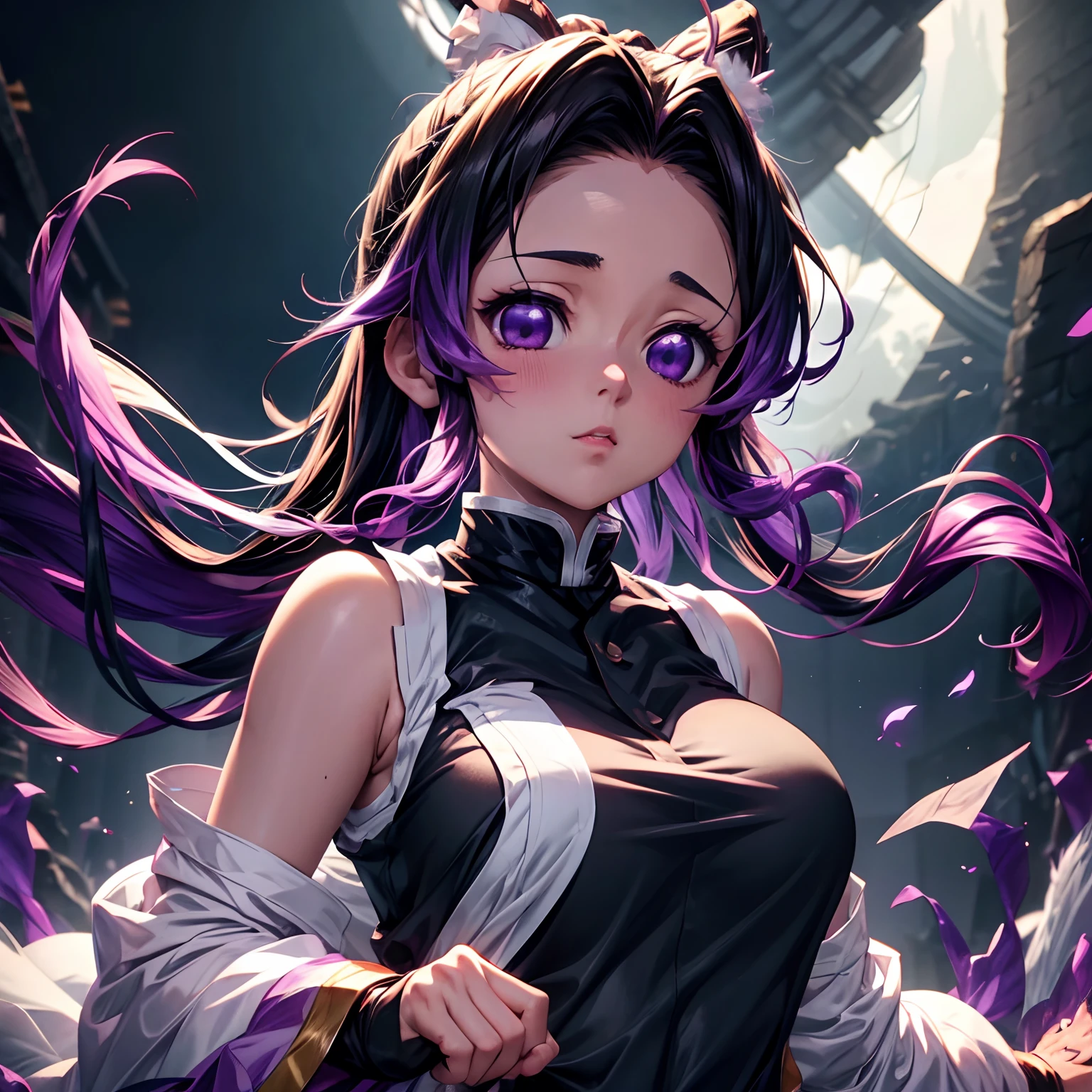 Shinobu kocho from demon slayer in 8k, high definition anime image, ultra detailed, cute, very cute, blushing, in black sleevless top, medium breast, masterpiece , 8k, sleeveless top, torn clothes, without cape, black top, sleeveless torn,ultra high quality, purple lights, purple highlight on hair, light purple eyes