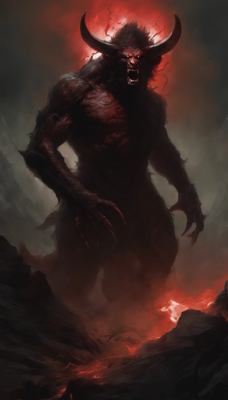 Zodd, Berserk , Painting of a demonic creature with a bloodied face and a bloodied head, - The Art of Horror Fiction,ror art in the fantasy genre, by Aleksi Briclot, horror concept art, Fantasy and horror art, Detailed illustration of 4K horror, Demonic creature, dark fantasy horror art