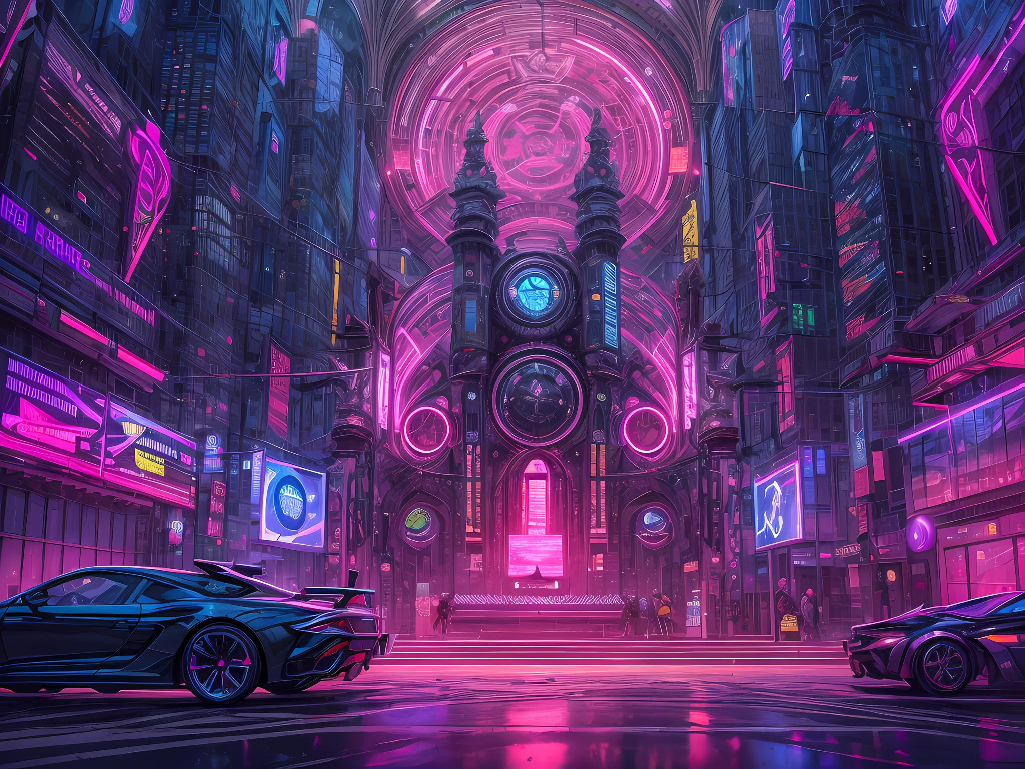 Best detailed, ultra detailed, cyberpunk art, a picture of a futuristic (church: 1.3) in cyberpunk punk city, you see the whole building, great cyberpunk art, bright neon lights, christian decorations in cyberpunk elementts, a sports car parked in the entrance of the church, the cross lit in pink light, stained glass art in neonic colors, cyberpunc futuristic city background, 16k, RAW, ultra wide shot, photorealism, depth of field, hyper realistic, 2.5d rendering,guanyin