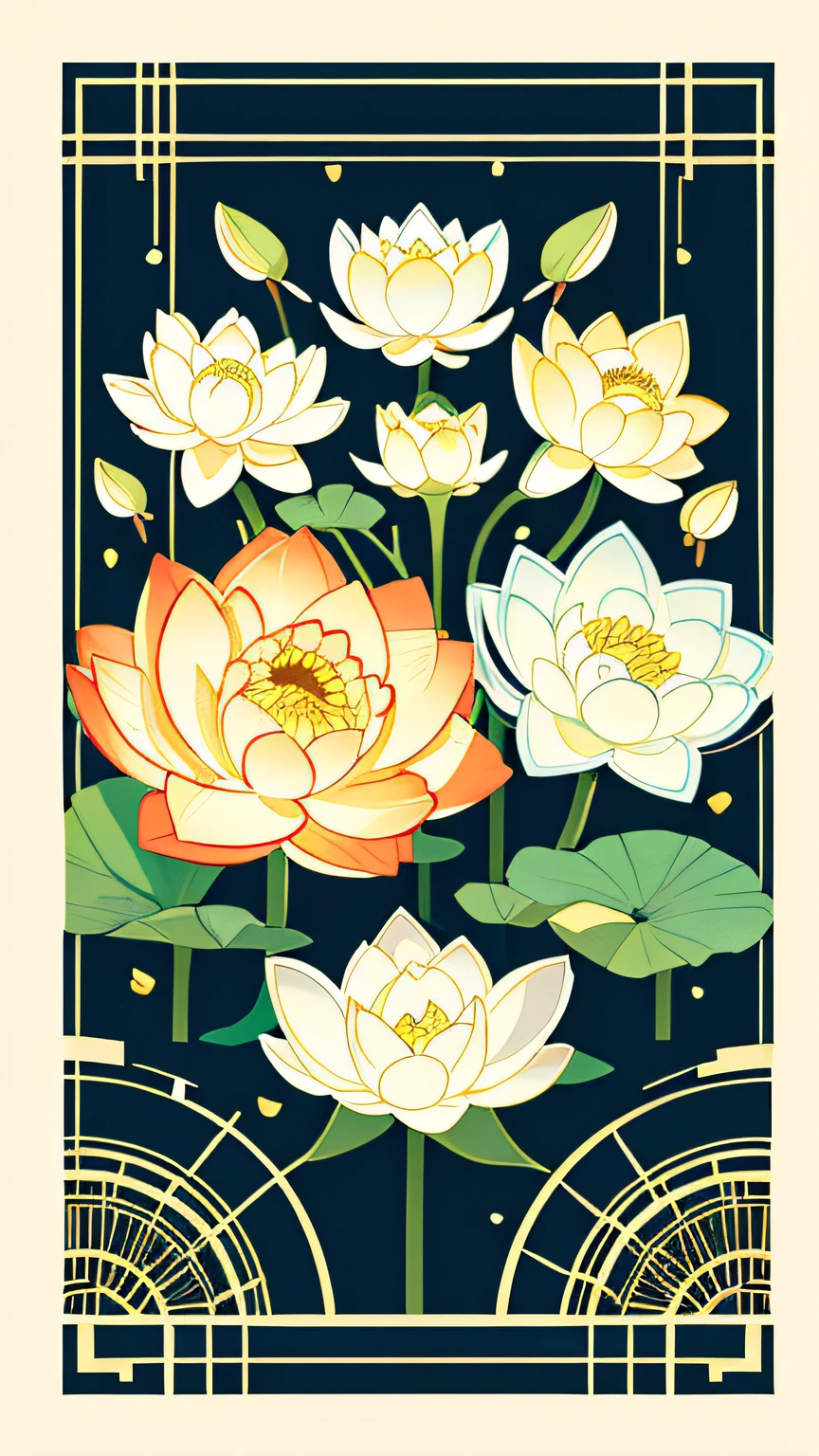 Slight vintage color,planar,,RISO print style,illustration,adolable,Leave white space,low-saturation,Lots of flowers,In the middle is a lotus flower,branches,Printing, a sticker,Random distribution,Lovely drawing style, Color guide,Graphic design,(solid color backdrop),Center rotation(taichi)