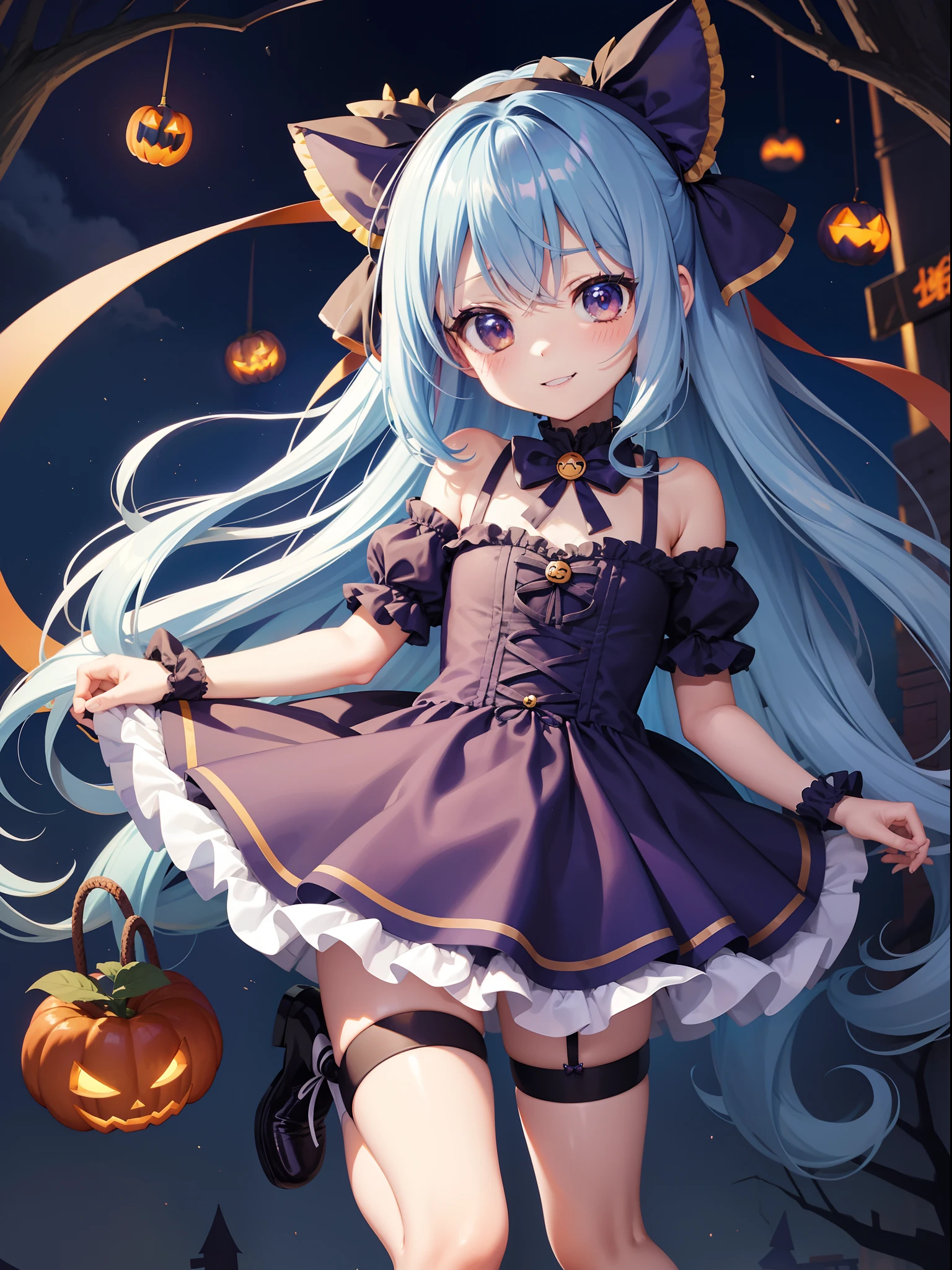 Halloween　Chibichara　Halloween scenery in the city　long hair with blue hair((Chibi Chara))、Twin-tailed、A charming smile、Fluffy、girl with、Chibi Chara、full body Esbian、masutepiece、top-quality、