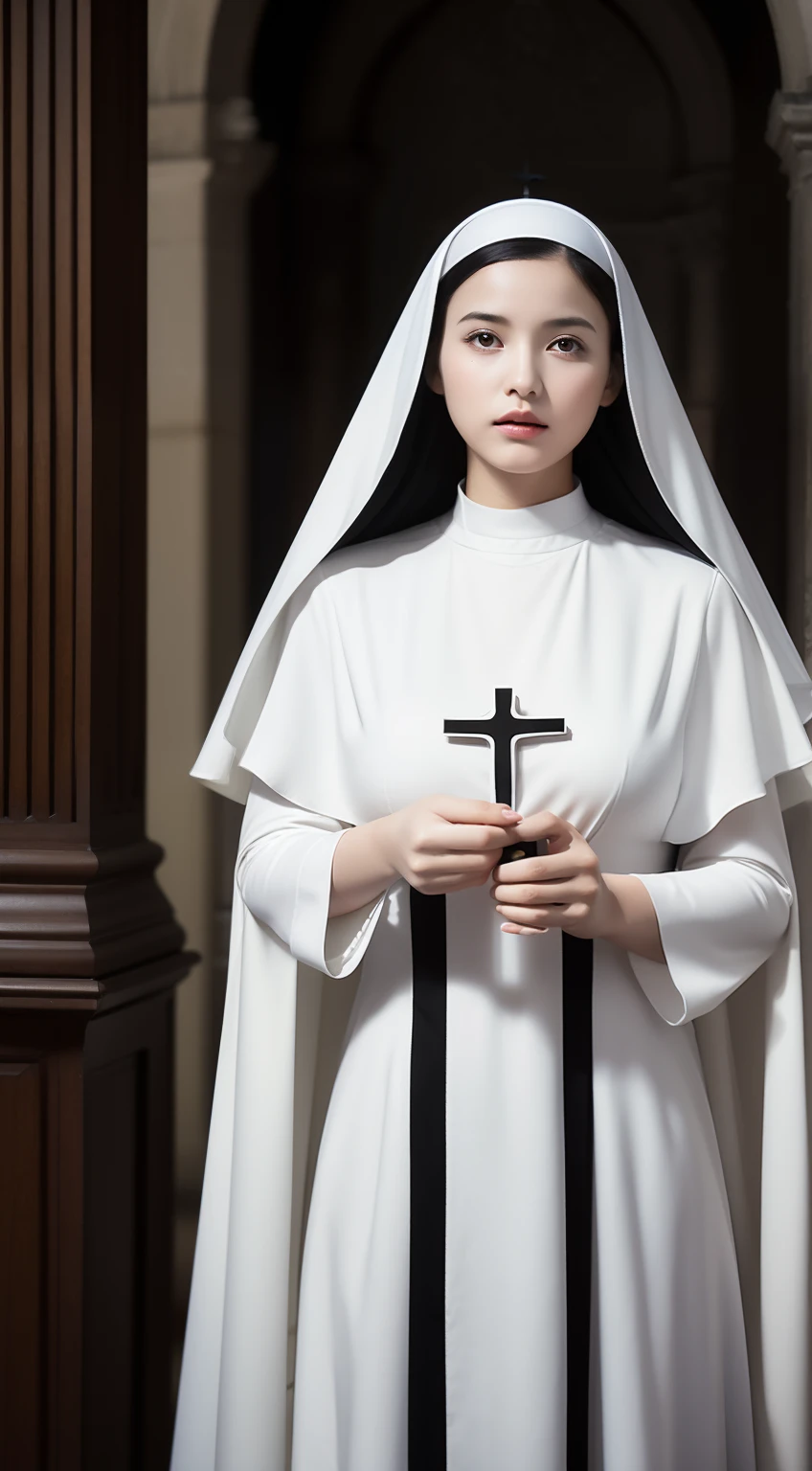 (RAW photo, Best quality), (Realistic, photo-realistic:1.2),High quality, 1girll,mediuml breasts,standing,Black and white nun dress,In churches