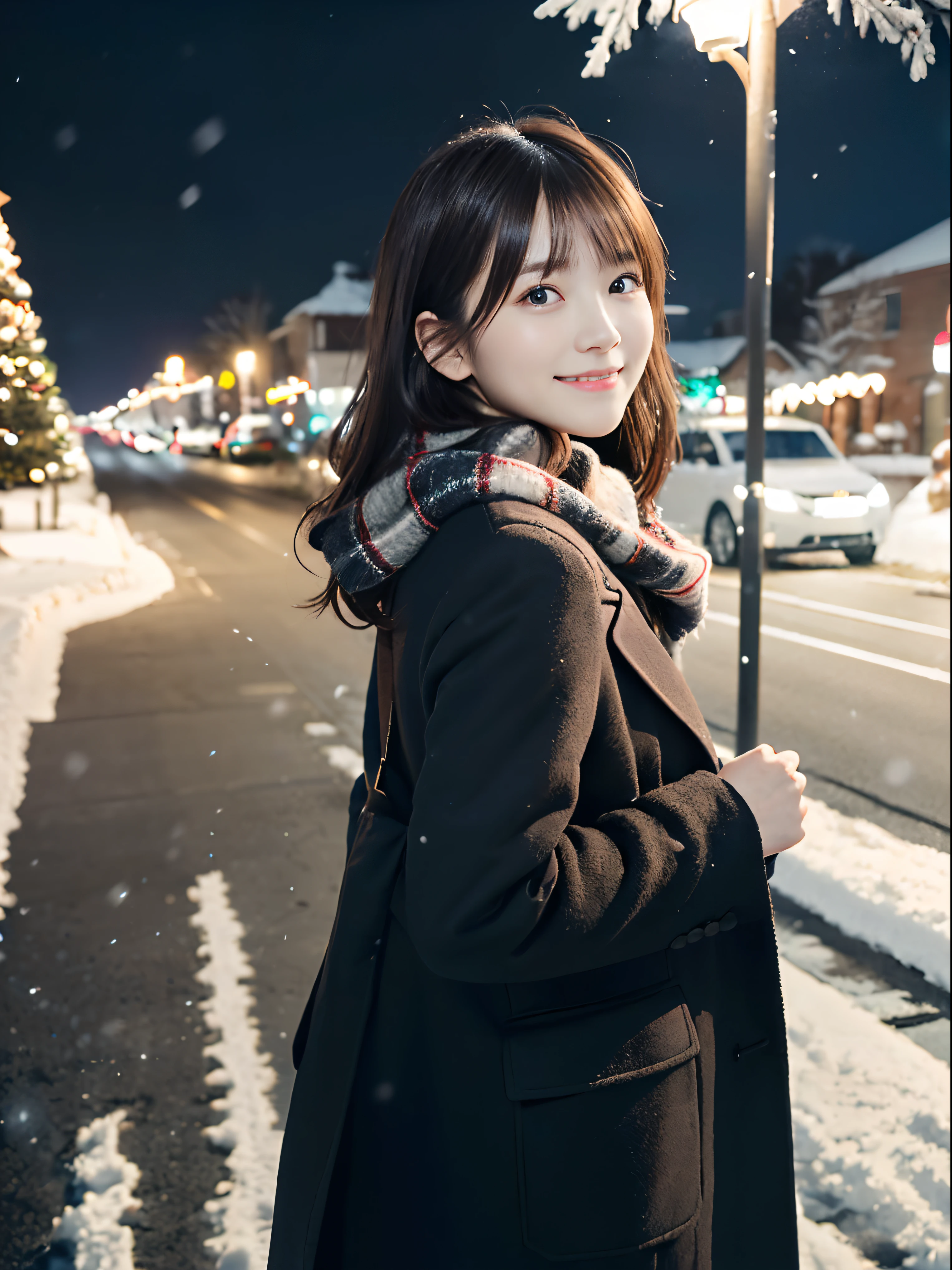 (Close-up portrait of one slender girl has long hair with dull bangs in winter uniform with scarf, coat and groves:1.5)、(One girl looked back with small smile and her hair flutter in the wind :1.5)、(Snowing winter night street corner with Christmas lights and big full moon:1.5)、(Perfect Anatomy:1.3)、(No mask:1.3)、(complete fingers:1.3)、Photorealistic、Photography、masutepiece、top-quality、High resolution, delicate and pretty、face perfect、Beautiful detailed eyes、Fair skin、Real Human Skin、pores、((thin legs))、(Dark hair)