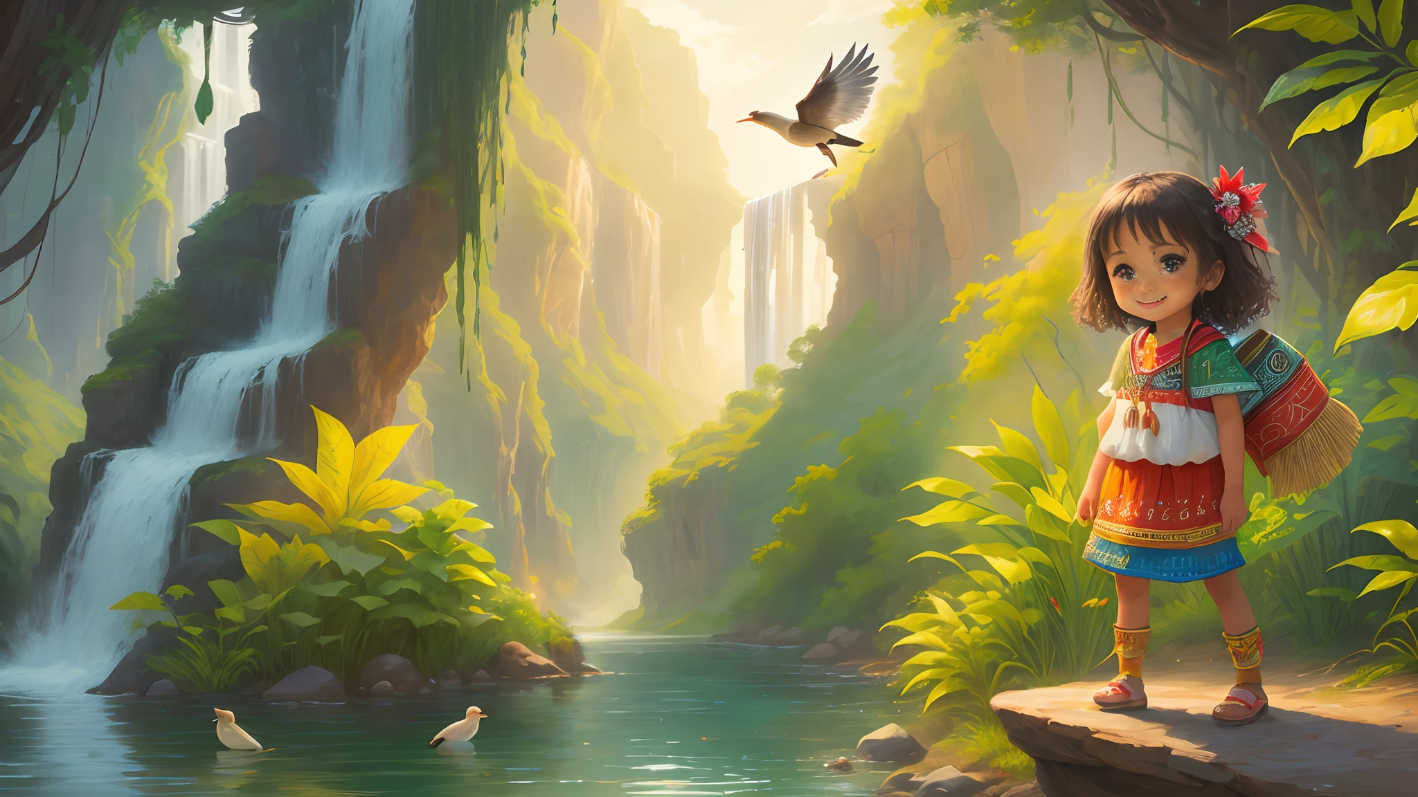 Masterpiece, little girl in tribal clothes looks at the river in front her, smiling, jungle, waterfall, sunny, birds, happiness