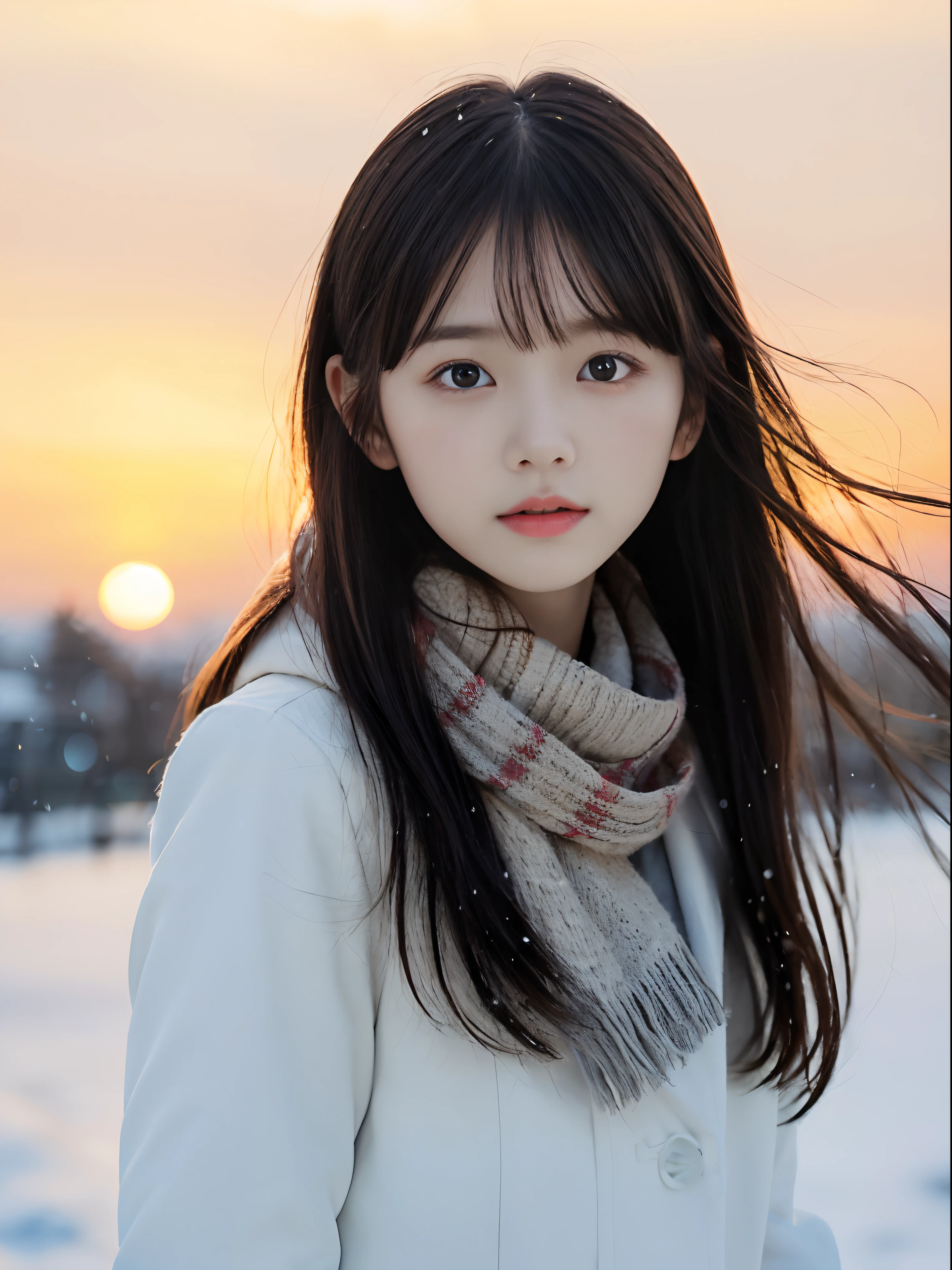 (Close up portrait of one slender girl has long hair with dull bangs in winter uniform with white winter coat and a gray scarf:1.5)、(One girl looked back with lonely face and her hair fluttering in the wind:1.3)、(Beautiful snowy sunset red sky:1.5)、(Perfect ???????:1.3)、(No mask:1.3)、(complete fingers:1.3)、Photorealistic、Photography、masutepiece、top-quality、High resolution, delicate and pretty、face perfect、Beautiful detailed eyes、Fair skin、Real Human Skin、pores、((thin legs))、(Dark hair)