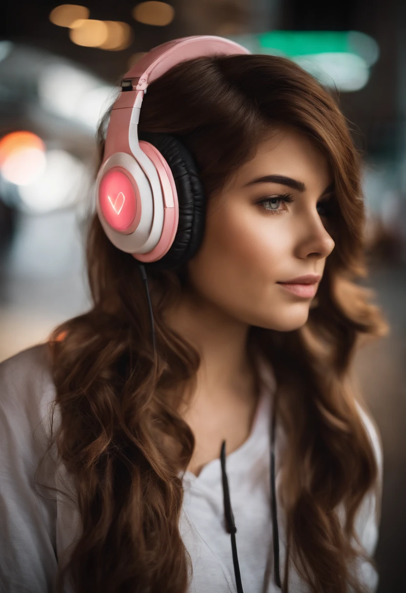 Genera una imagen de una joven realista vestida con un atuendo de gamer. The girl must be very beautiful and look as realistic as possible, with natural facial features and authentic expressions, el pelo debe ser blanco con mechas rosas y su pecho debe ser pronunciado con escote. Gamer attire must include a t-shirt with a popular video game design, pantalones urbanos de moda, zapatillas deportivas llamativas y accesorios como auriculares que esten de moda. Make sure the lighting is adequate to bring out the details of the image, y que el fondo sea un entorno urbano, como el popular cruce de shibuya. La pose de la chica debe ser divertida