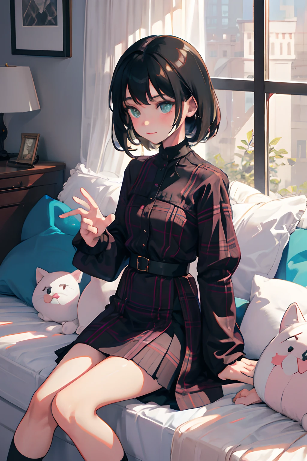 hand between legs,(masterpiece,Highest Quality),(child:1.3),Turquoise Goth Spank,long-sleeve,Long skirt with Burberry plaid pattern,high socks,(A dark-haired,long),embarrassed from,Delicate body,petite body