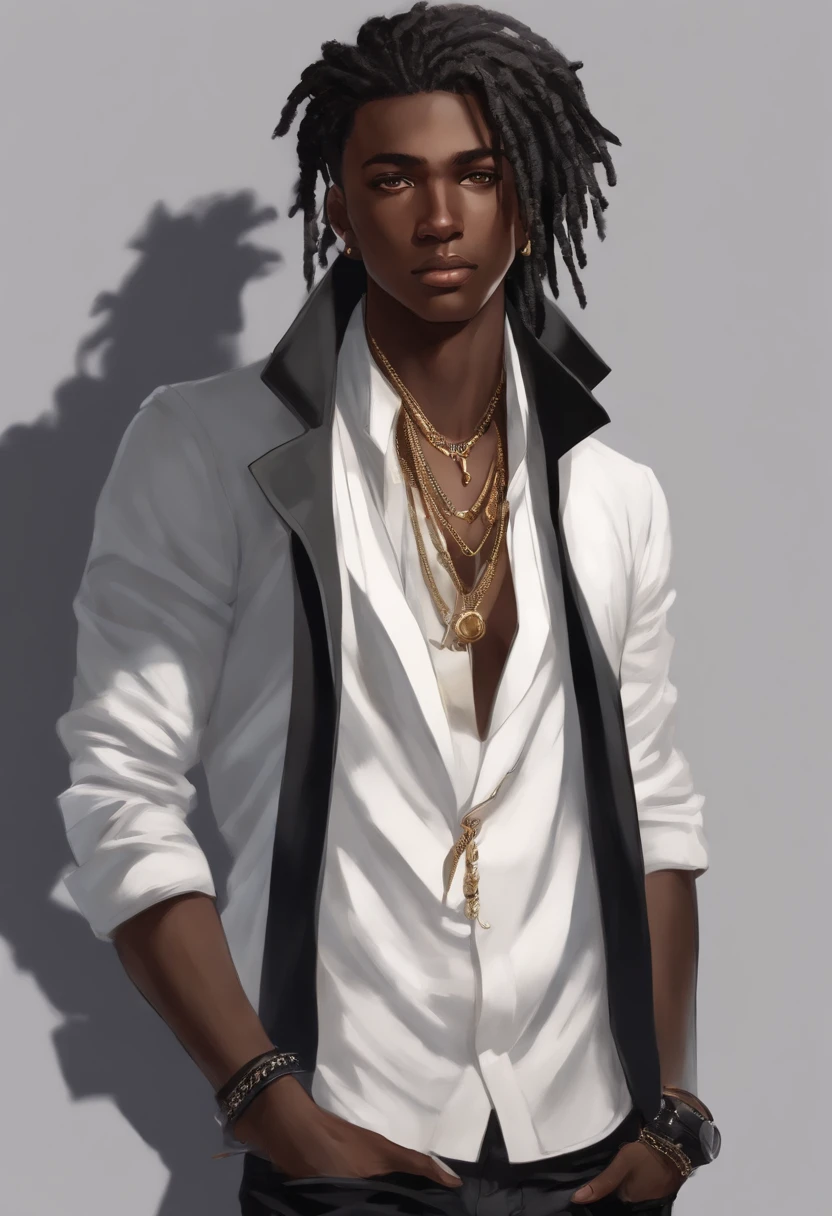 Dark-skinned young man with blue eyes and black jacket, Dreadlocks bleu clair, style dreadlock cheveux, dans un style anime, Colorful sketch, Unrealistic character concept, Personnage concept portrait de moi, detailed character portrait, Personnage de style anime, Portrait de style anime, un portrait de personnage, cel - shaded art style, Her outfit consists of a black, unbuttoned blazer with gold-colored buttons on the front of the blazer and on the bottom of his sleeves and he wears a white V-neck shirt, pantalon blanc, une grande ceinture noire avec une boucle en or, a smaller black belt hanging from the side of her hip, et a sur les chaussures beige avec des boucles noires, inspiré par King of Fighters