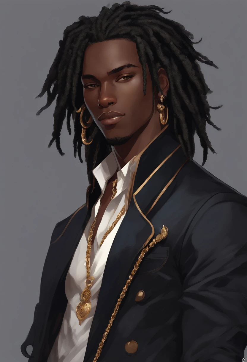 Dark-skinned young man with blue eyes and black jacket, Dreadlocks bleu clair, style dreadlock cheveux, dans un style anime, Colorful sketch, Unrealistic character concept, Personnage concept portrait de moi, detailed character portrait, Personnage de style anime, Portrait de style anime, un portrait de personnage, cel - shaded art style, Her outfit consists of a black, unbuttoned blazer with gold-colored buttons on the front of the blazer and on the bottom of his sleeves and he wears a white V-neck shirt, pantalon blanc, une grande ceinture noire avec une boucle en or, a smaller black belt hanging from the side of her hip, et a sur les chaussures beige avec des boucles noires, inspiré par King of Fighters