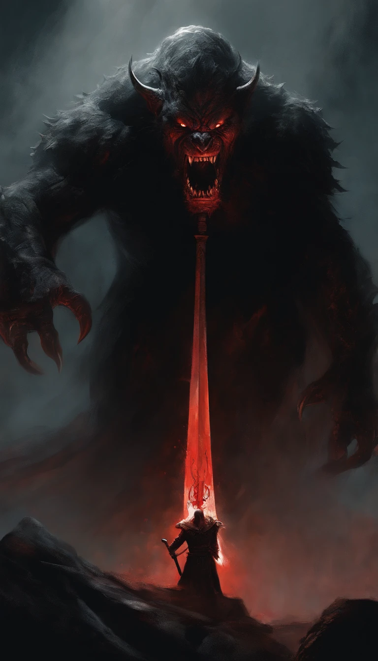 Zodd witch sword in hand, Berserk , Painting of a demonic creature with a bloodied face and a bloodied head, - The Art of Horror Fiction,ror art in the fantasy genre, by Aleksi Briclot, horror concept art, Fantasy and horror art, Detailed illustration of 4K horror, Demonic creature, dark fantasy horror art