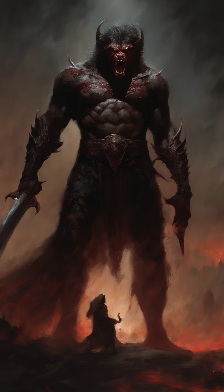 Zodd witch sword in hand, Berserk , Painting of a demonic creature with a bloodied face and a bloodied head, - The Art of Horror Fiction,ror art in the fantasy genre, by Aleksi Briclot, horror concept art, Fantasy and horror art, Detailed illustration of 4K horror, Demonic creature, dark fantasy horror art