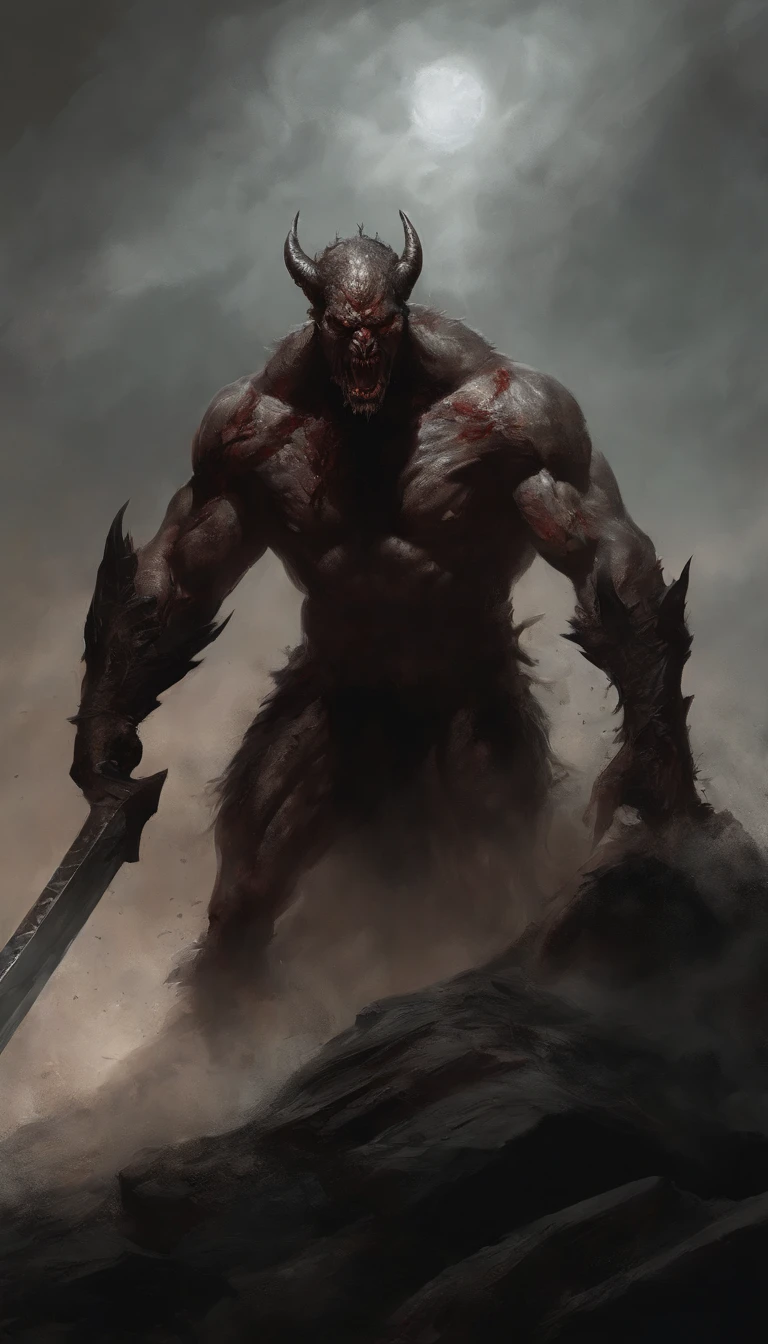 Zodd witch sword in hand, Berserk , Painting of a demonic creature with a bloodied face and a bloodied head, - The Art of Horror Fiction,ror art in the fantasy genre, by Aleksi Briclot, horror concept art, Fantasy and horror art, Detailed illustration of 4K horror, Demonic creature, dark fantasy horror art