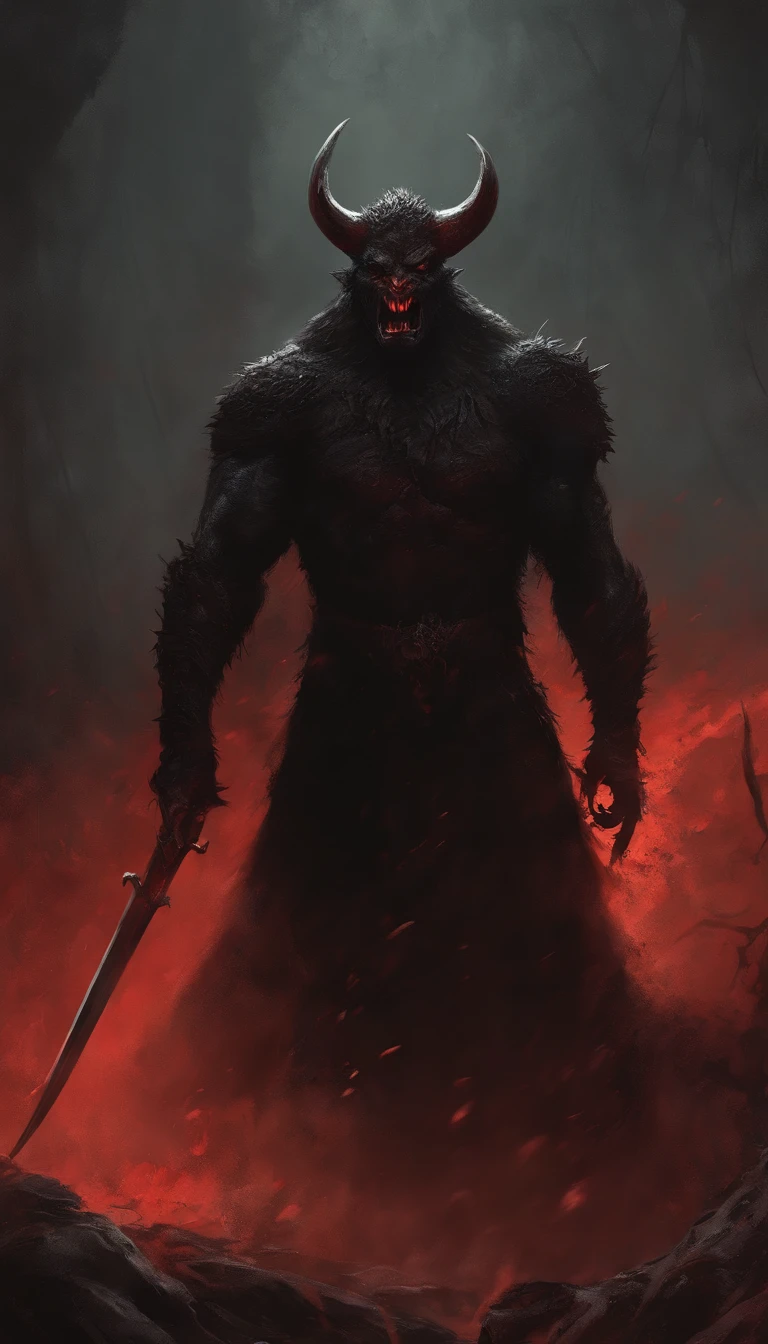 Zodd witch sword in hand, Berserk , Painting of a demonic creature with a bloodied face and a bloodied head, - The Art of Horror Fiction,ror art in the fantasy genre, by Aleksi Briclot, horror concept art, Fantasy and horror art, Detailed illustration of 4K horror, Demonic creature, dark fantasy horror art