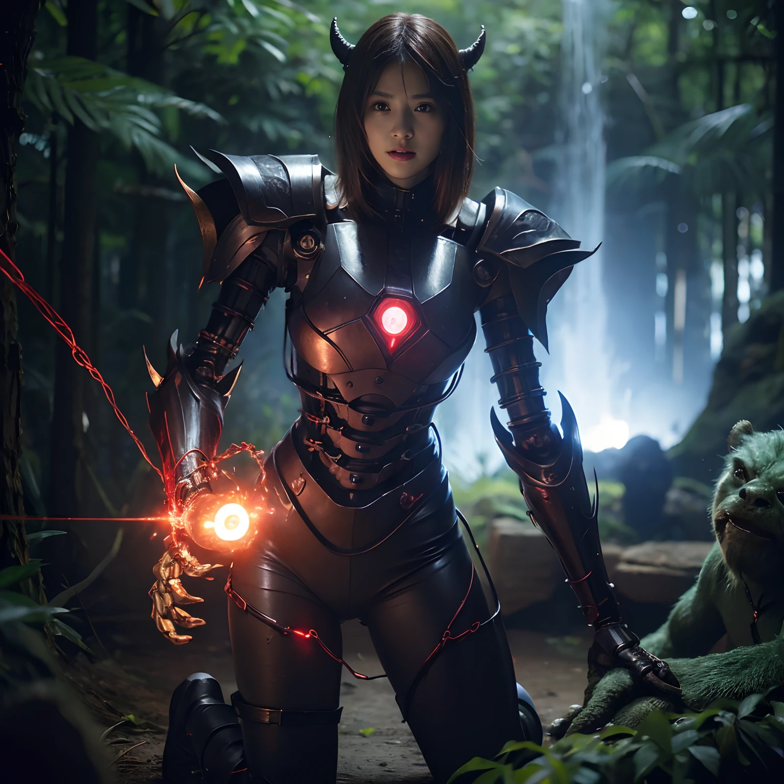 (1 Mechanical Girl)、top-quality、masterpiece、超A high resolution、(Photorealsitic:1.4)、Raw photo、1人、Fight mutants、glowy skin、(((1 Mechanical Girl)))、With a beautiful knife、(Yellow Metal Bodysuit)、(Kobold、ogre、Fierce battle with orcs),(Fight fiercely against aliens)、Fight fiercely、(beautiful forest background)、(Fighting Demonic Beasts)、(Small LED)、((super realistic details))、portlate、(Strong giant demon beast background),globalillumination、Shadow、octan render、8K、ultrasharp、Colossal tits、Raw skin is exposed in cleavage、metals、Details of complex ornaments、Japan details、highly intricate detail、Realistic light、(Mystical expression),CGSoation Trends、Red Eyes、radiant eyes、Facing the camera、neon details、(Mechanical limbs)、(blood vessels connected to tubes)、Mechanical vertebrae attached to the back、mechanical cervical attaching to neck、(Wires and cables connecting to the head)、Gundam、Small LED、,Mechanical thighs、Toostock、(Hands are also made of machines)、(Attack of the Monster Beasts)、(Wounded in a deadly battle)、