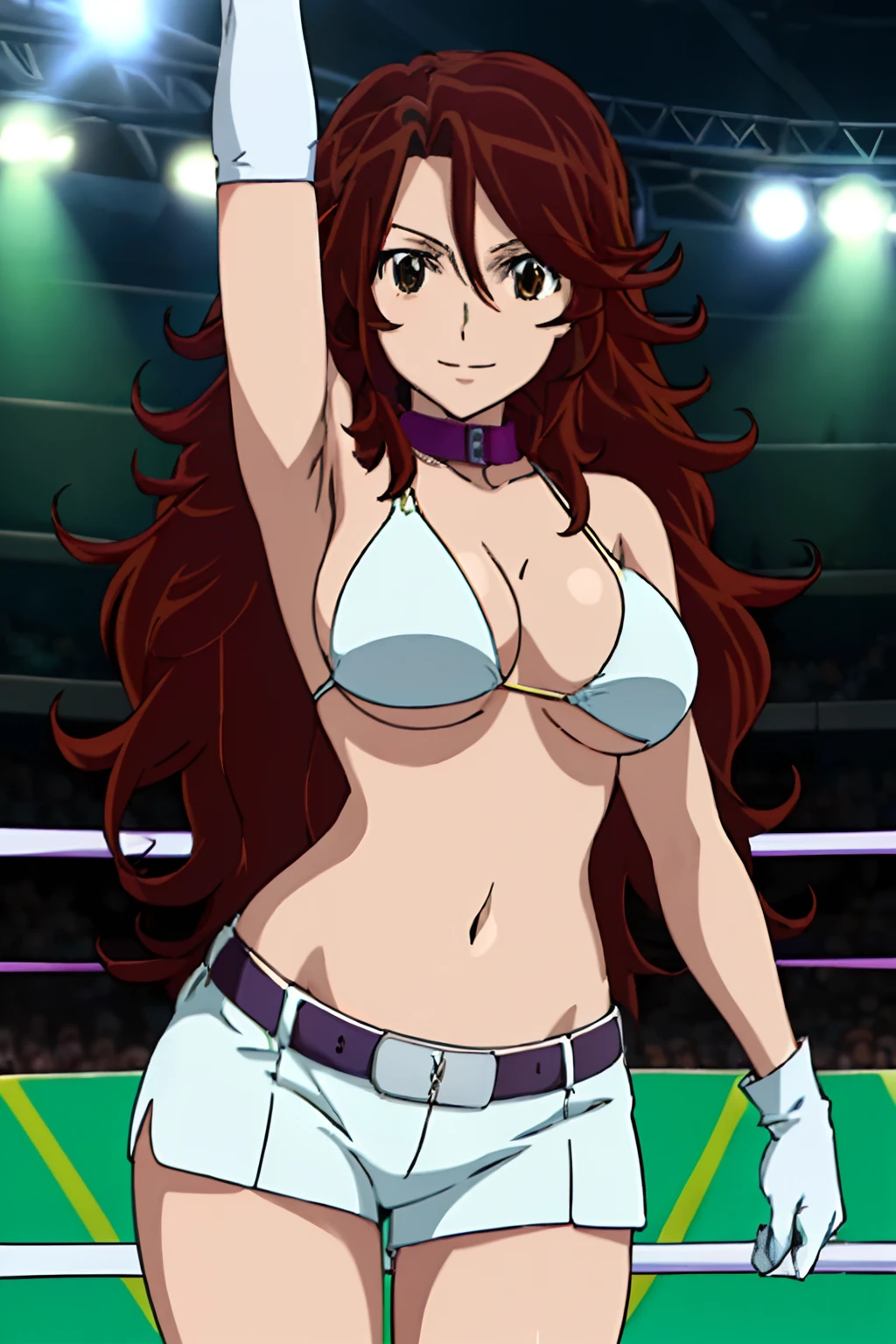 selfie shot, body view, anime style: 1.8, anime drawing, ultra detailed face, ultra detailed body, ultra detailed arms, 4k, Sumergai Lee Noriega, (standing), best quality, anime style, hires, highest definition, digital blending, bold drawing lines, ((slim waist, female wrestler), (location: wrestling arena, crowds watching), ( slim body, athletic , little biceps, thighs, off-shoulders, (curvy: 2.8), lighting, spot lights, very shiny skin), ((white bikini, shorts, groin, , white gloves, collar, belt)), victorious, winner, , (big breasts, smile), (big eyes, brown eyes), (clapping), (brown hair, loose hair, curly hair, wavy hair, long hair, missy hair), 27 years old, (dancing)