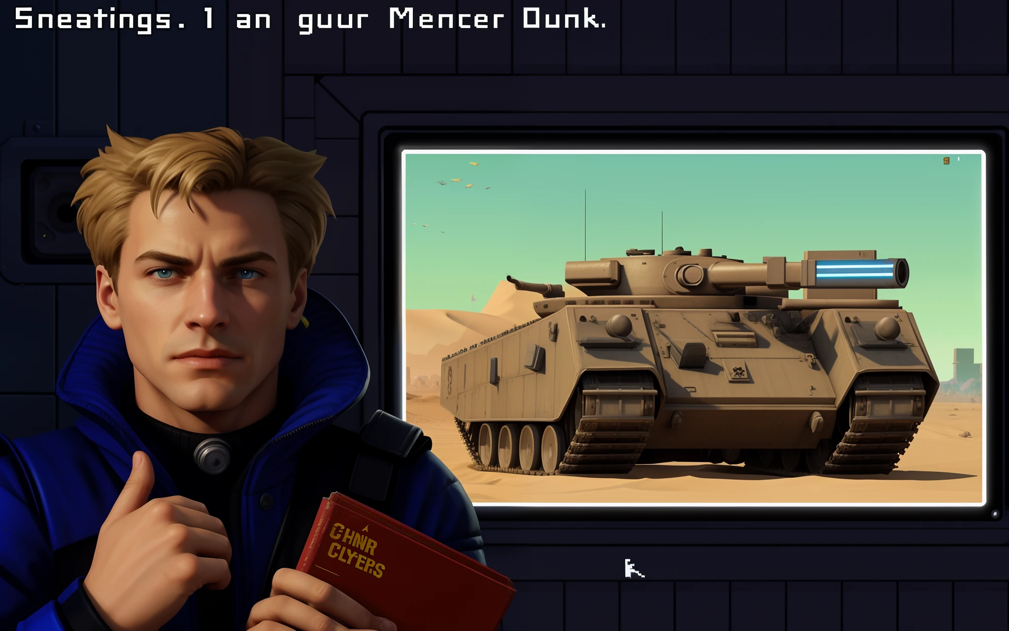 1man, a close up of a male person holding a book near a tank, early 90s cg, 1991 video game screenshot, in an arena in dune 2021, 1990 video game screenshot, in a male cyber - punk ally, 8 0 s art, ozymandias, 1993 video game screenshot, cyberpunk pixel art