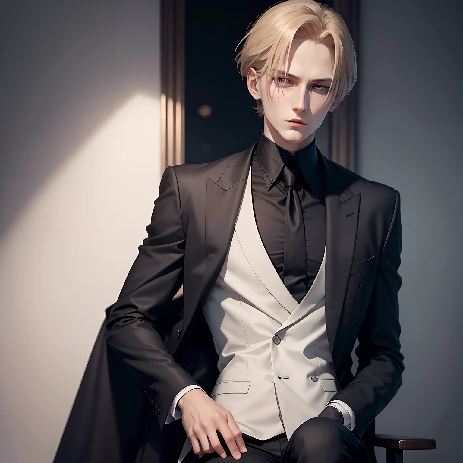 Create an anime character inspired by Johan Liebert with a darker, mysterious background. The character should have a realistic face, exuding an air of malevolence and intelligence. Capture the essence of Johan Liebert's chilling charisma in this artwork
