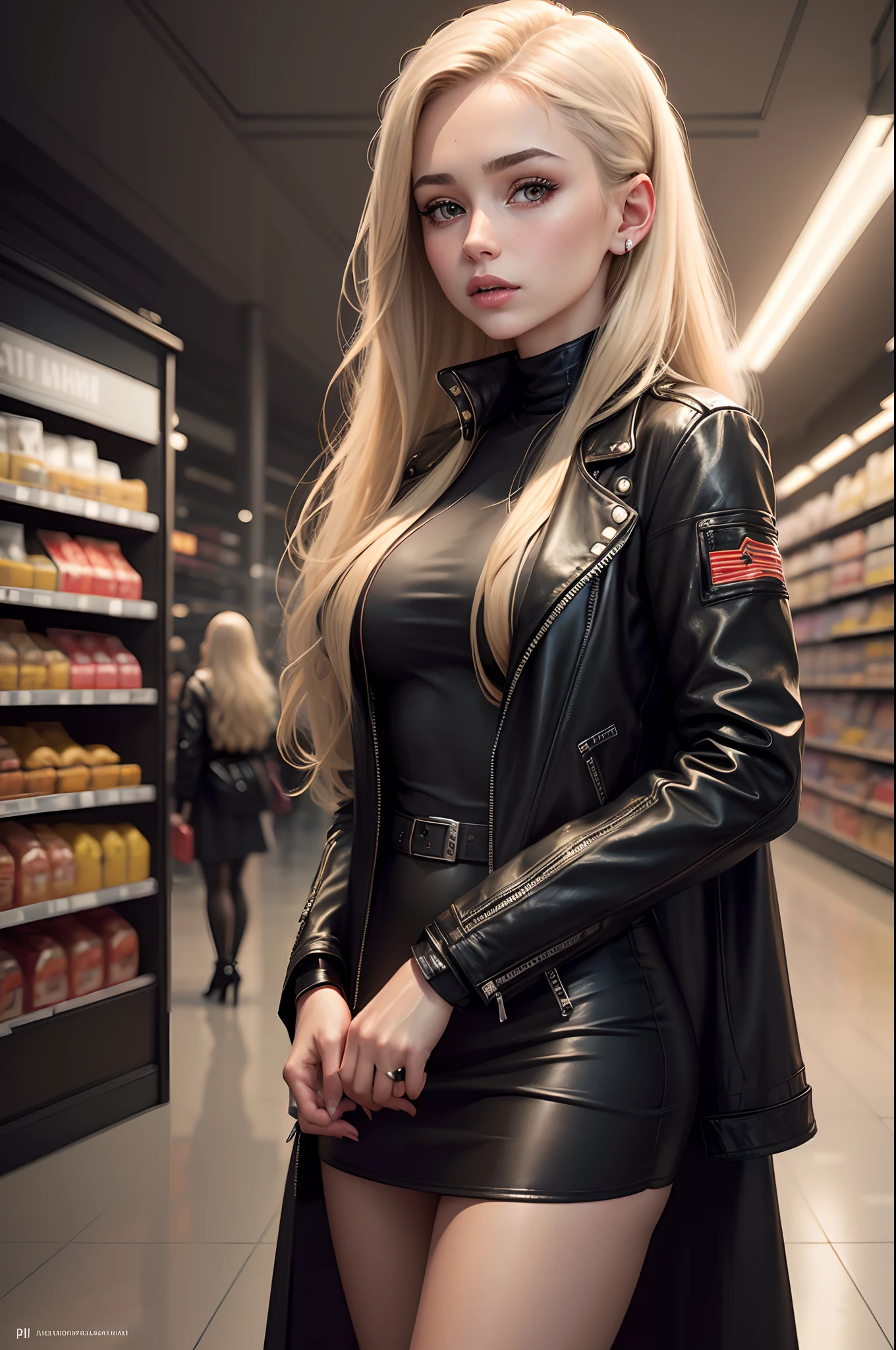a woman in a black dress and leather jacket, a hyperrealistic painting, trending on Artstation, photorealism, standing in a supermarket, ig model | artgerm, girl with long blonde hair, sophie mudd portrait, norman rockwell ross tran, sfw, hyperrealistic student, anna nikonova aka newmilky