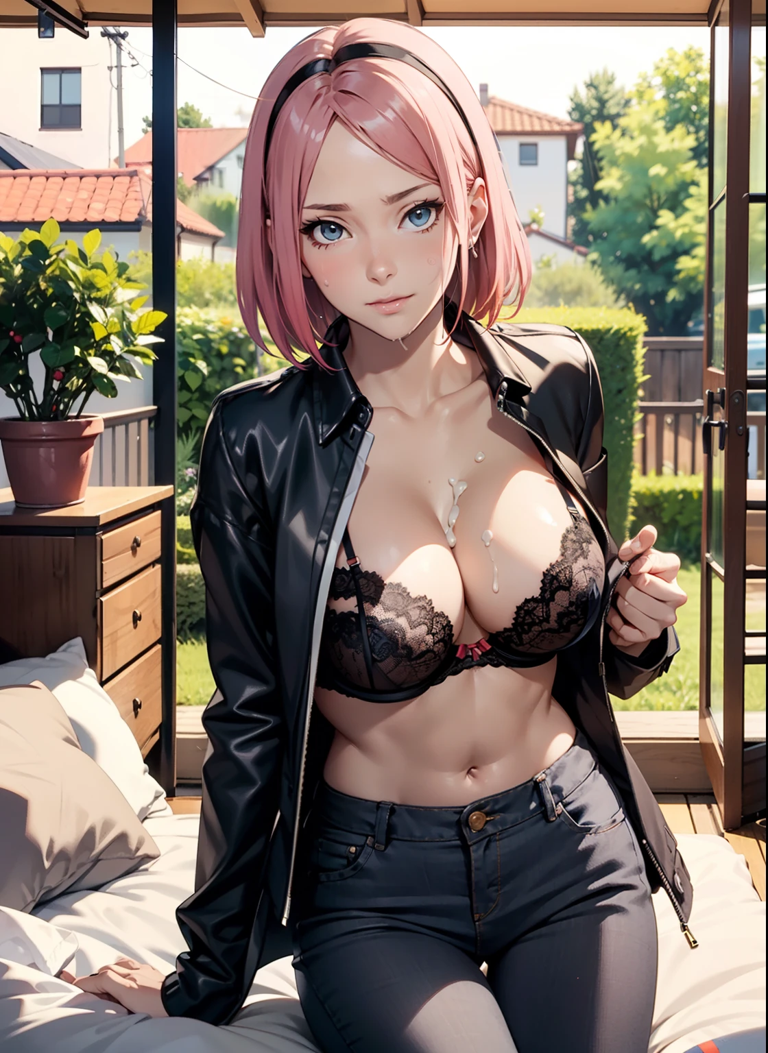 1人,sexy body,perfect body,sehr enge kleidung,zeigt viel haut,sexy kleidung,,Breasts peep out,stehend im garten,sakura haruno,rotes Harrband, evening time, orange light, (( black bra)),hot black jeans,hot, big breasts, front view, sitting, bedroom, sit on bed((unbuttoning bra)) opening her bra, ((hands on bra)) cum on breasts, sweat on boobs